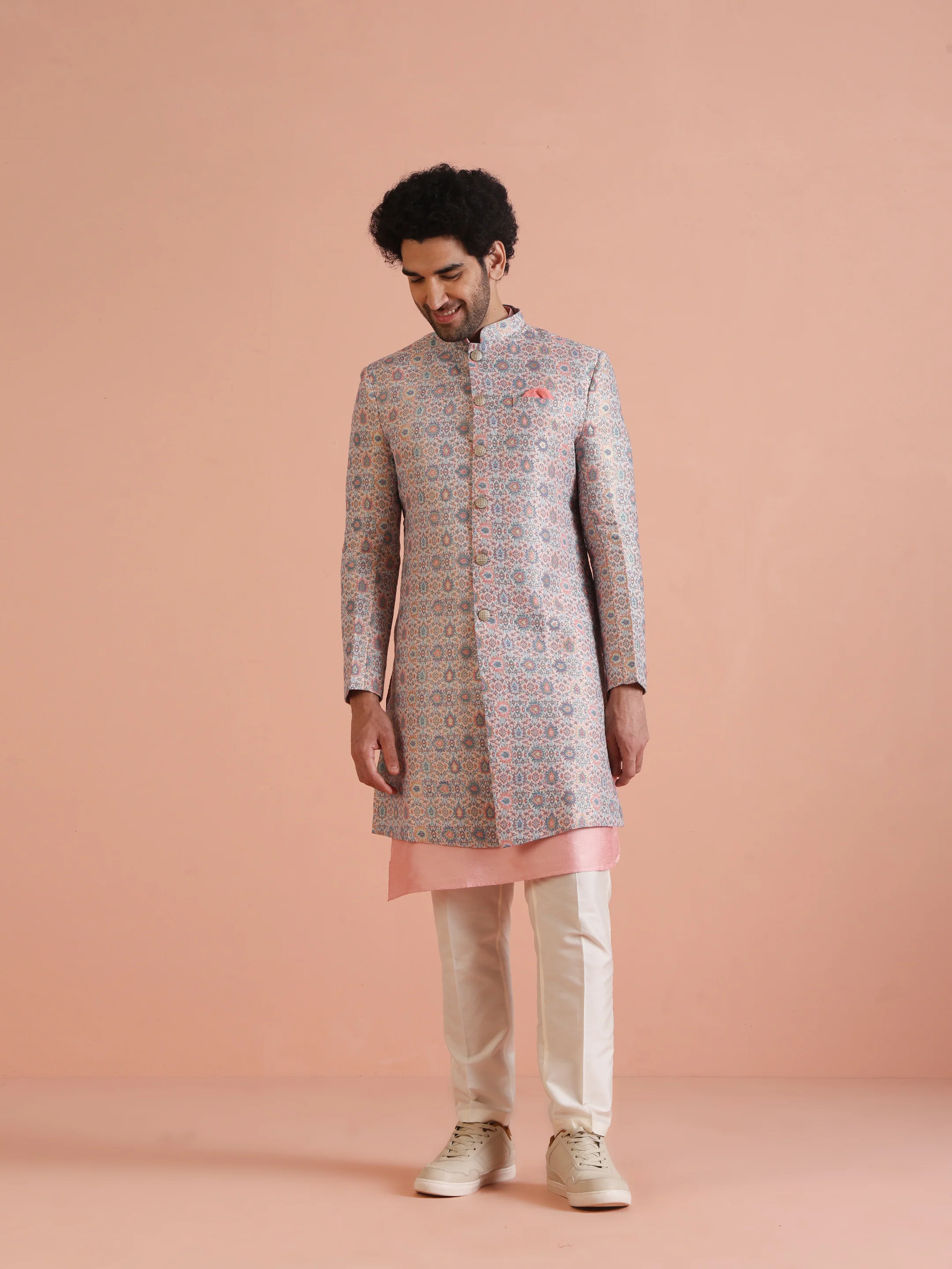 Pastel Cotton Silk Printed Indowestern Kurta Trouser Set - Image 8
