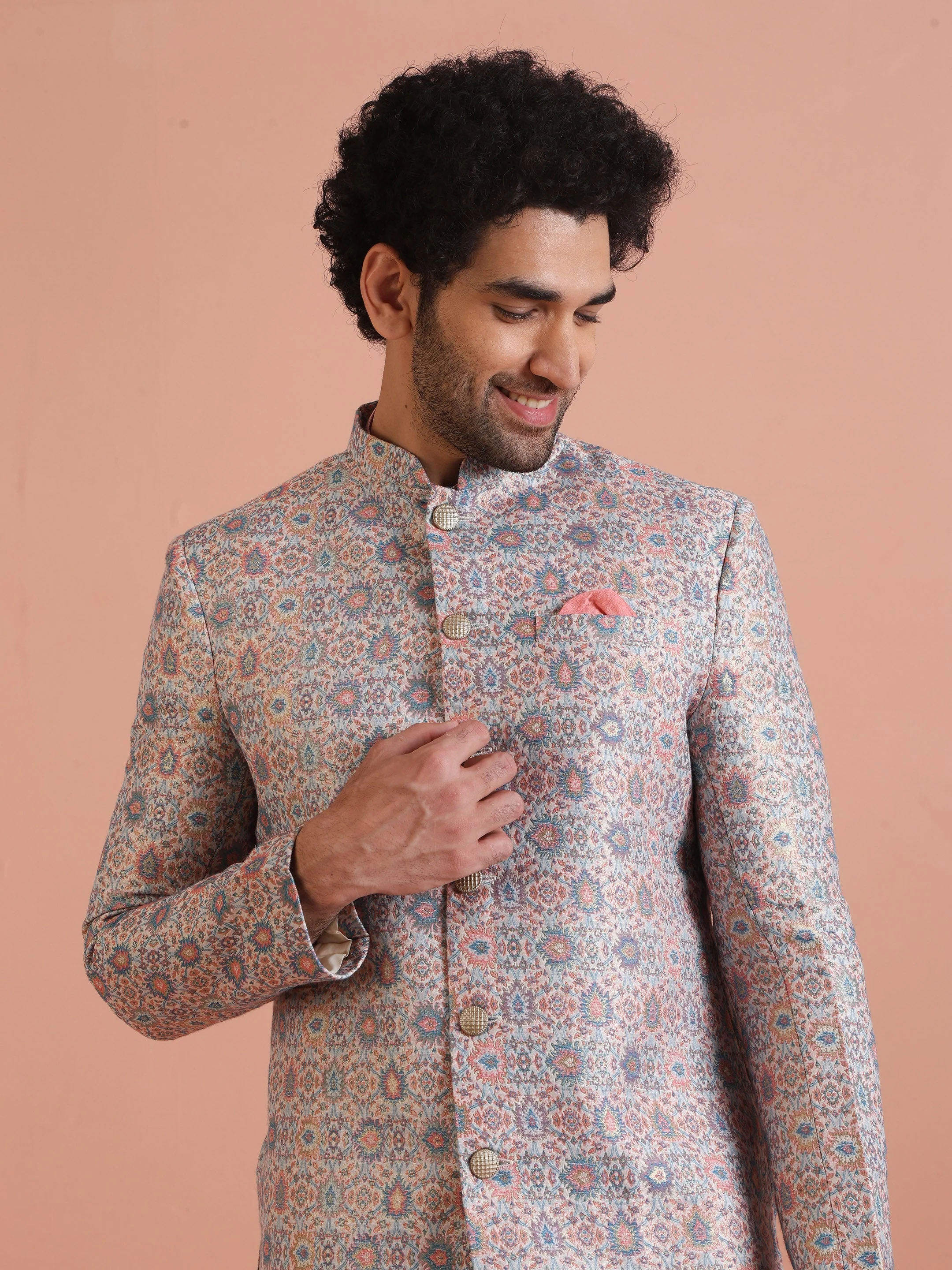 Pastel Cotton Silk Printed Indowestern Kurta Trouser Set - Image 9