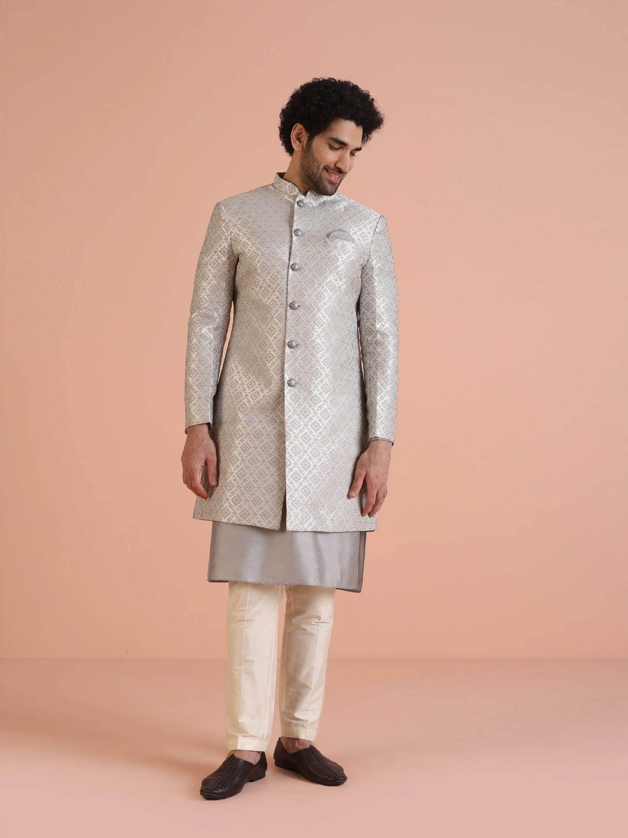 Grey Silk Blend Woven Sherwani Kurta Trouser Set - Image 2