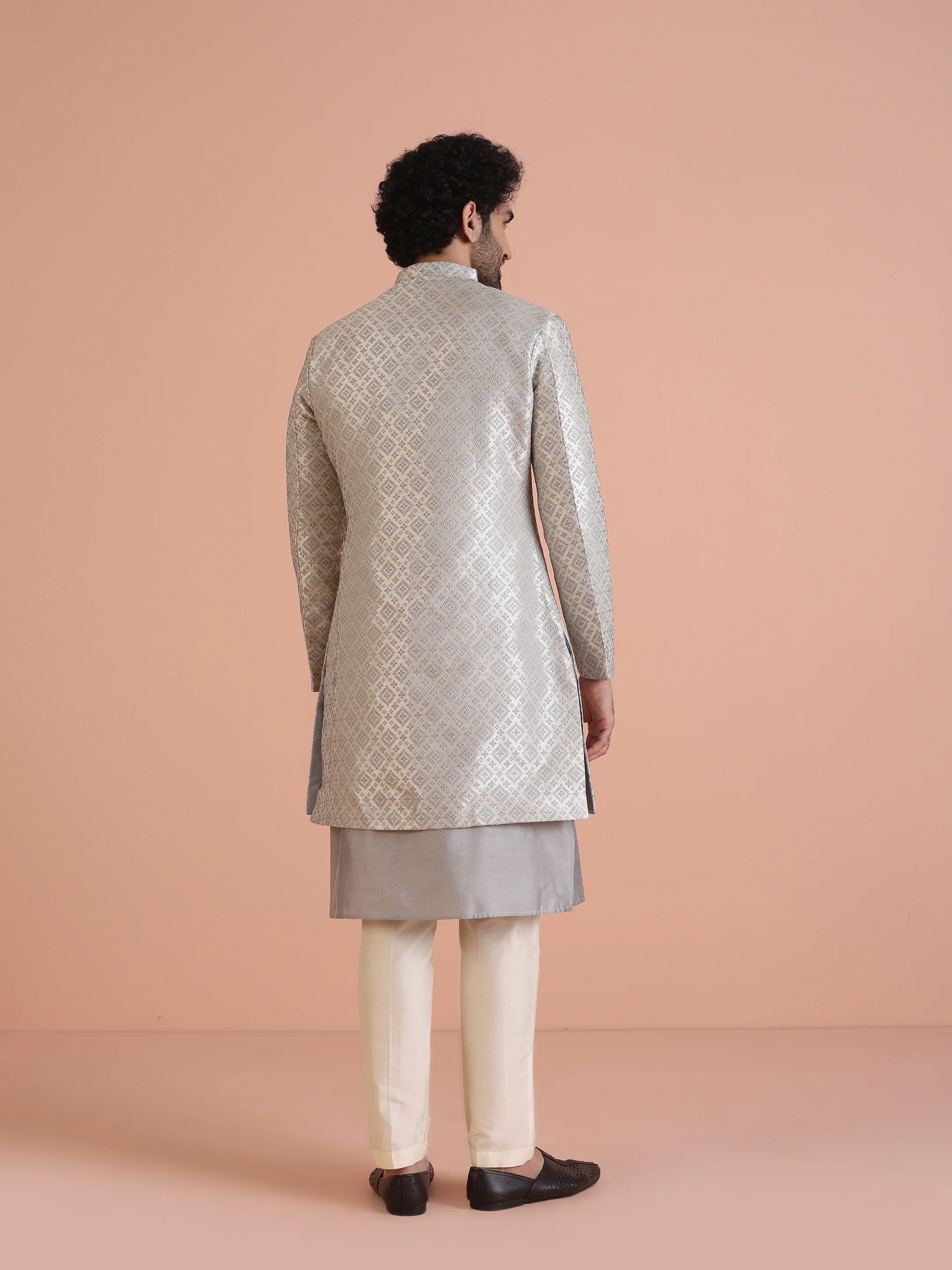 Grey Silk Blend Woven Sherwani Kurta Trouser Set - Image 5