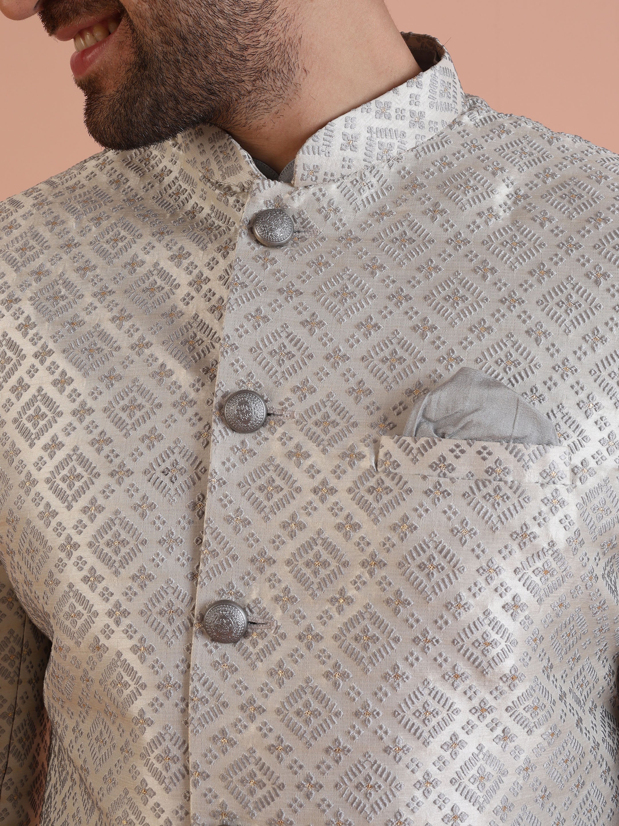 Grey Silk Blend Woven Sherwani Kurta Trouser Set - Image 7