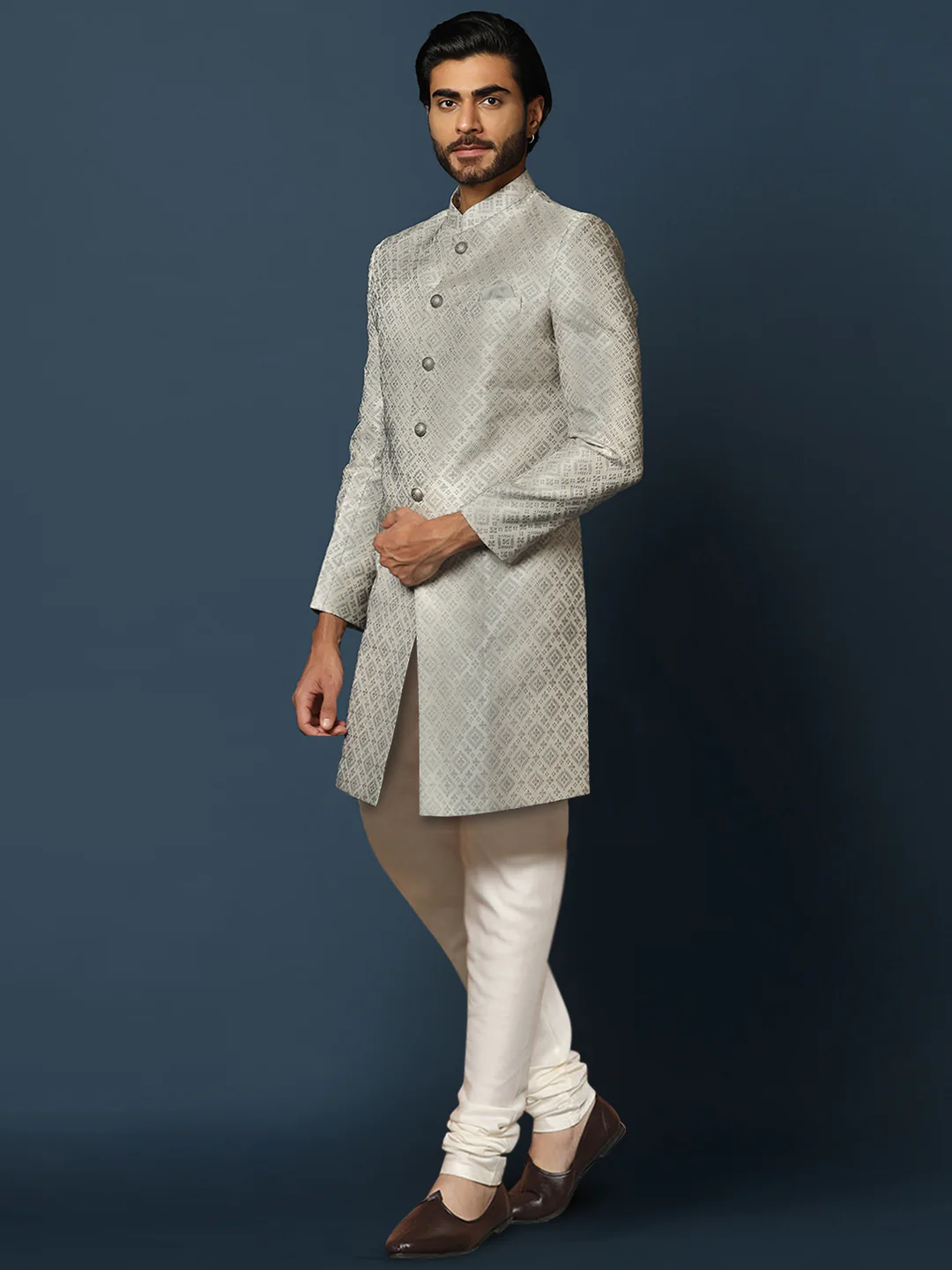 Grey Textured Sherwani Churidar Set - Image 2