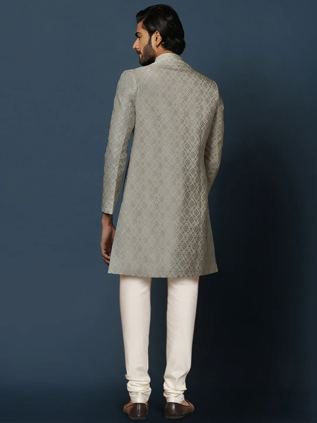 Grey Textured Sherwani Churidar Set - Image 4