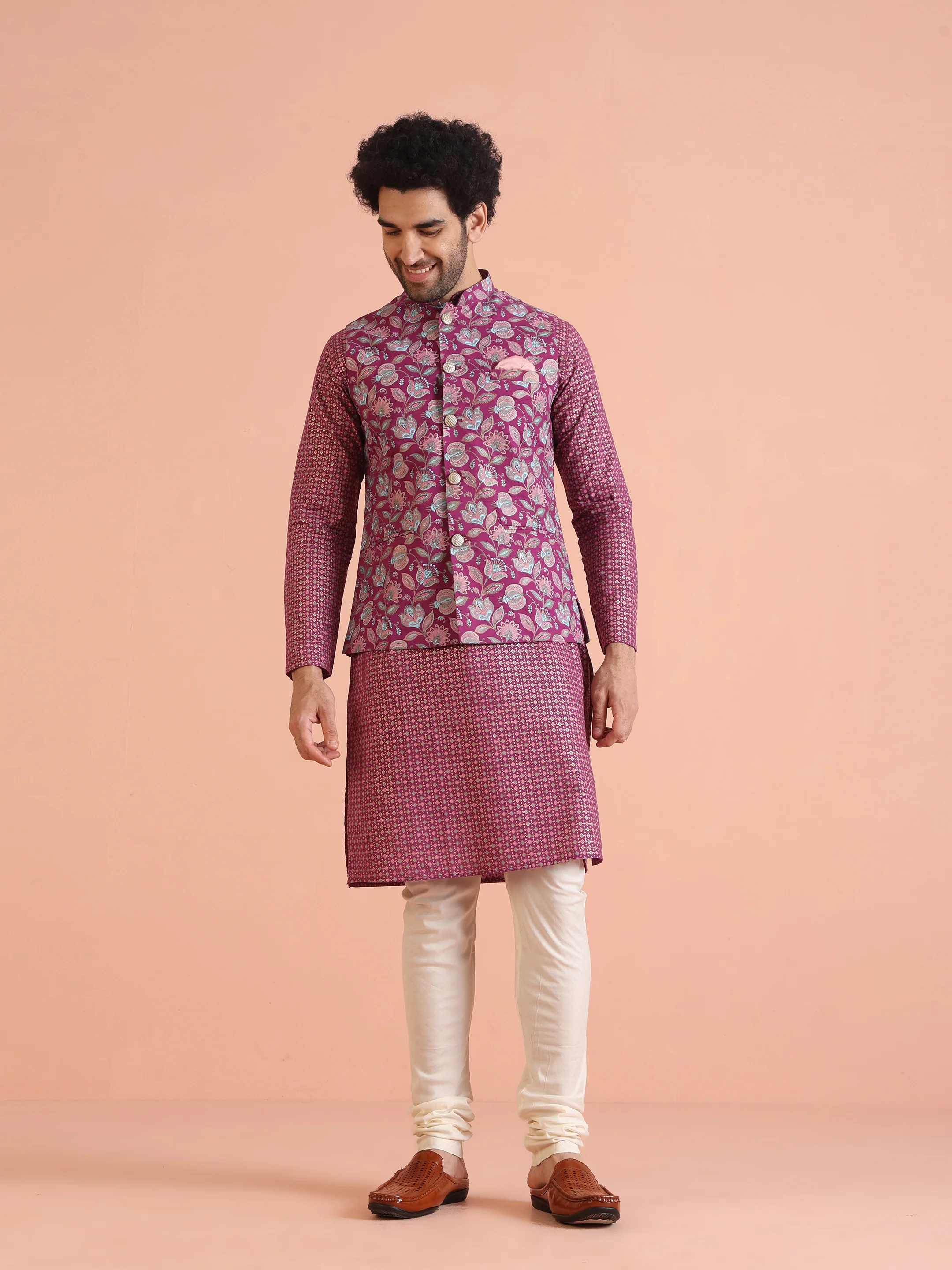 Hot Pink Printed Kurta Jacket Churidar Set - Image 11