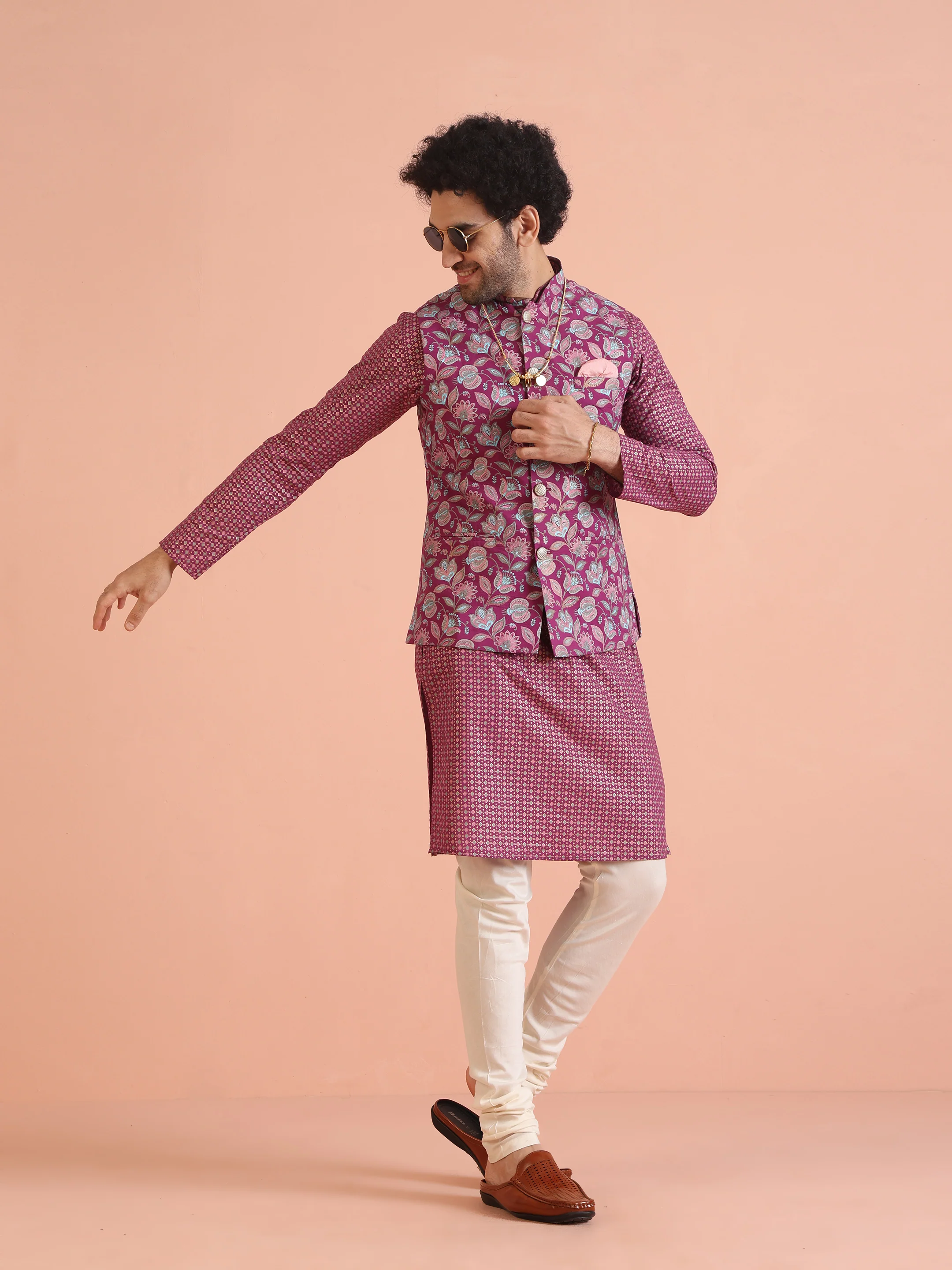 Hot Pink Printed Kurta Jacket Churidar Set - Image 2