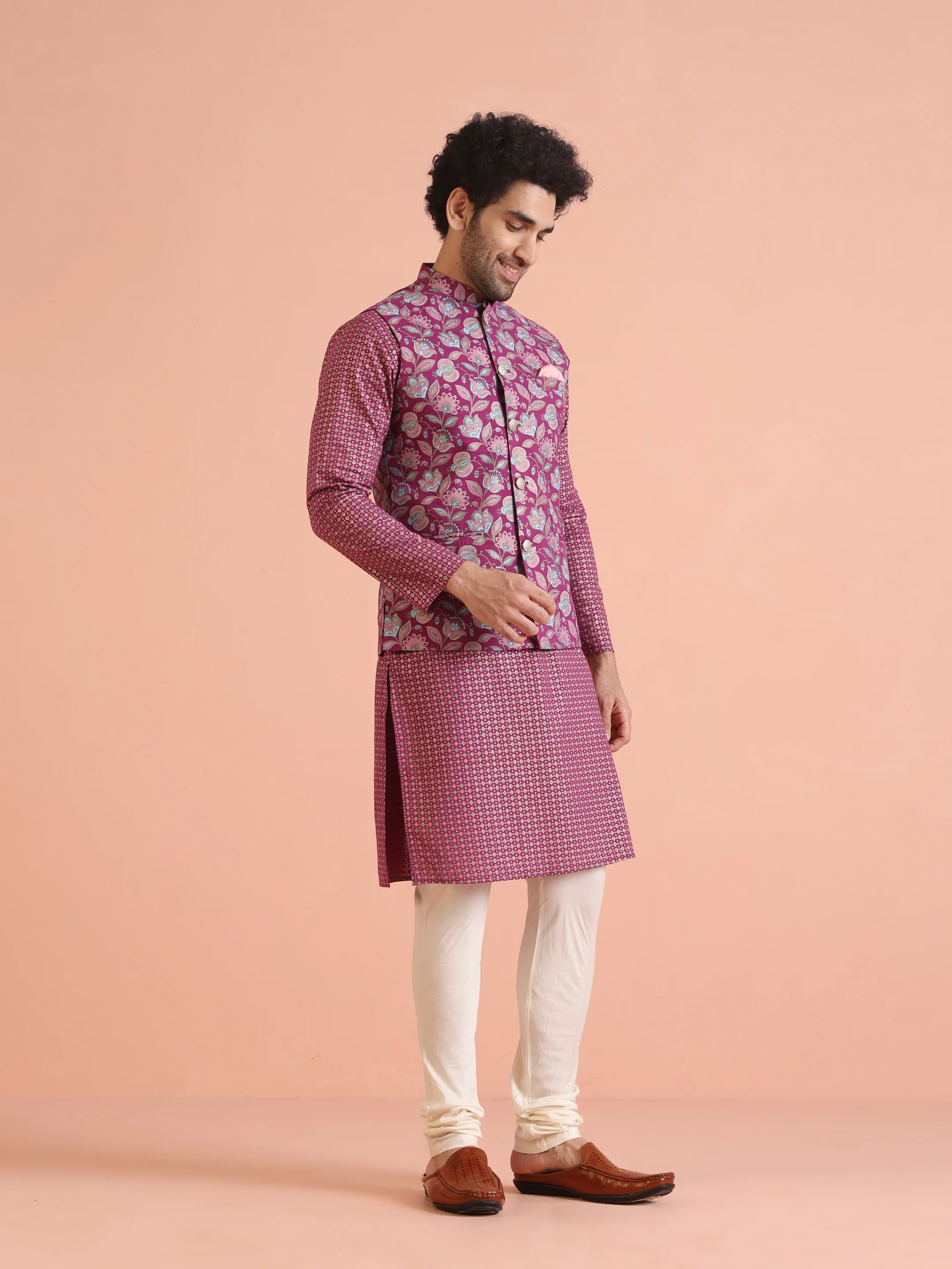 Hot Pink Printed Kurta Jacket Churidar Set - Image 3