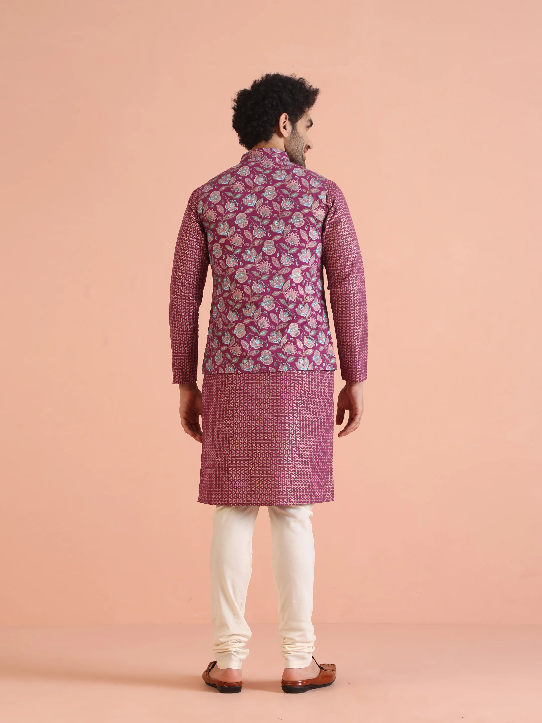 Hot Pink Printed Kurta Jacket Churidar Set - Image 5