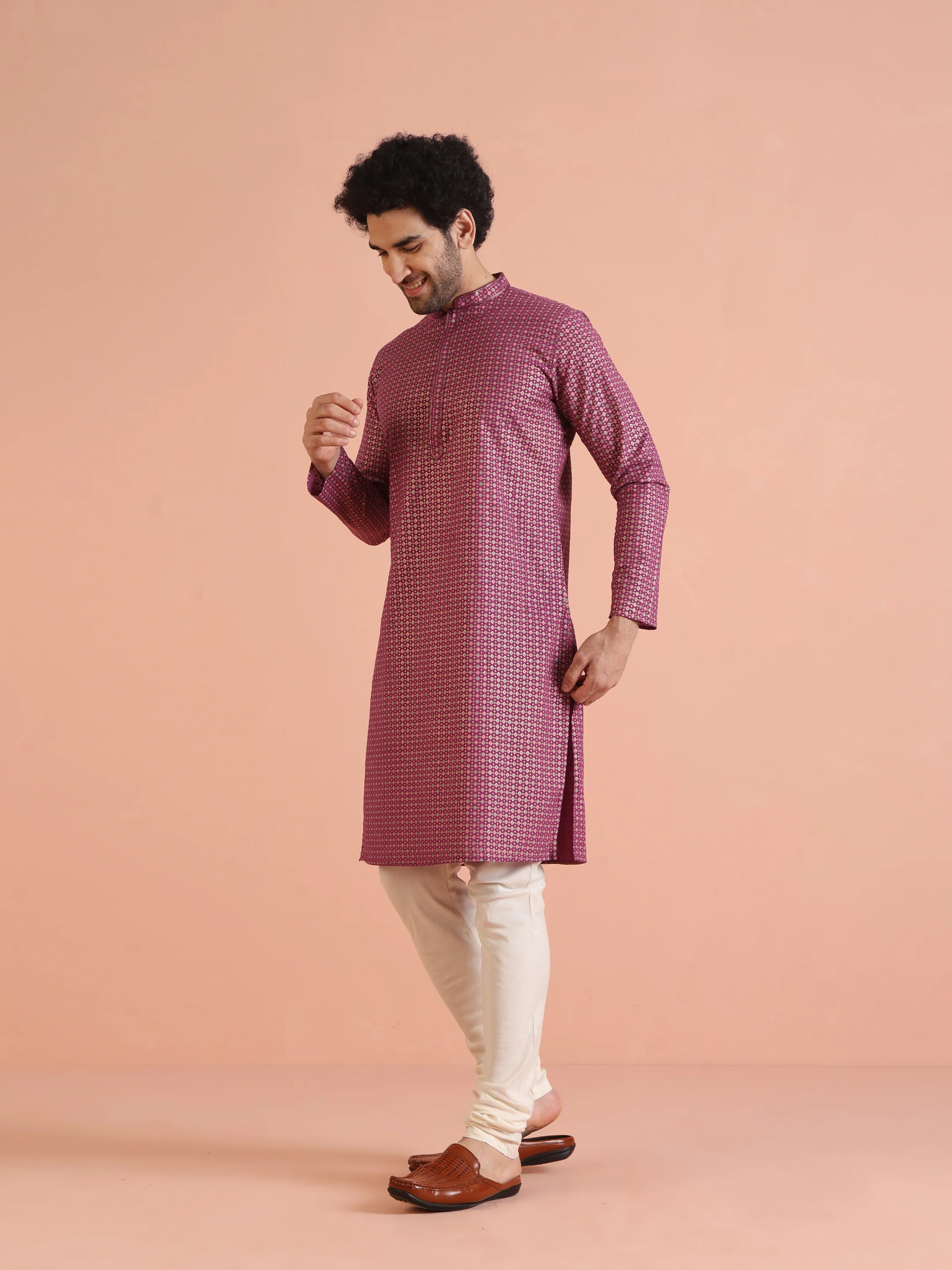 Hot Pink Printed Kurta Jacket Churidar Set - Image 8