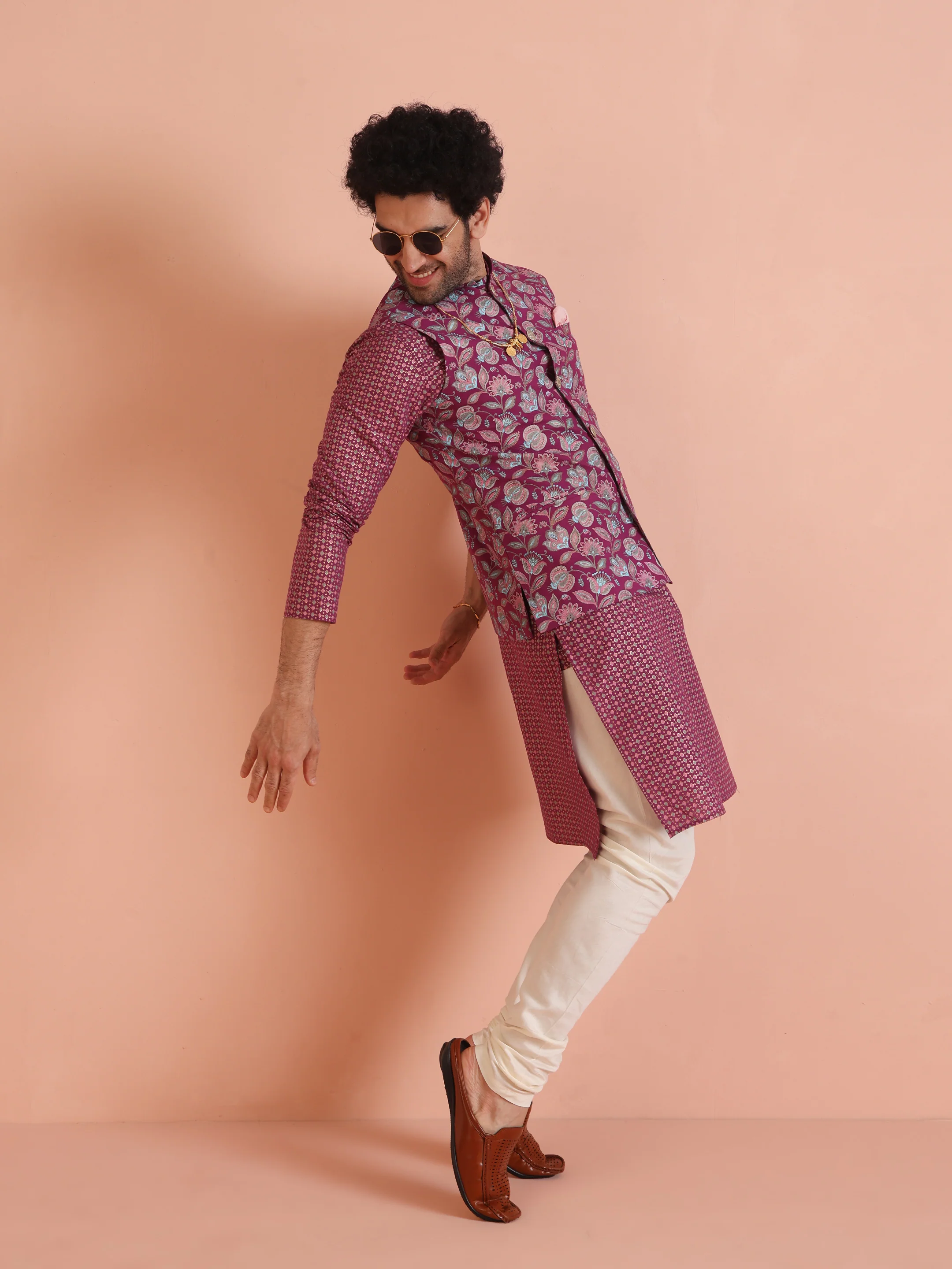 Hot Pink Printed Kurta Jacket Churidar Set - Image 9