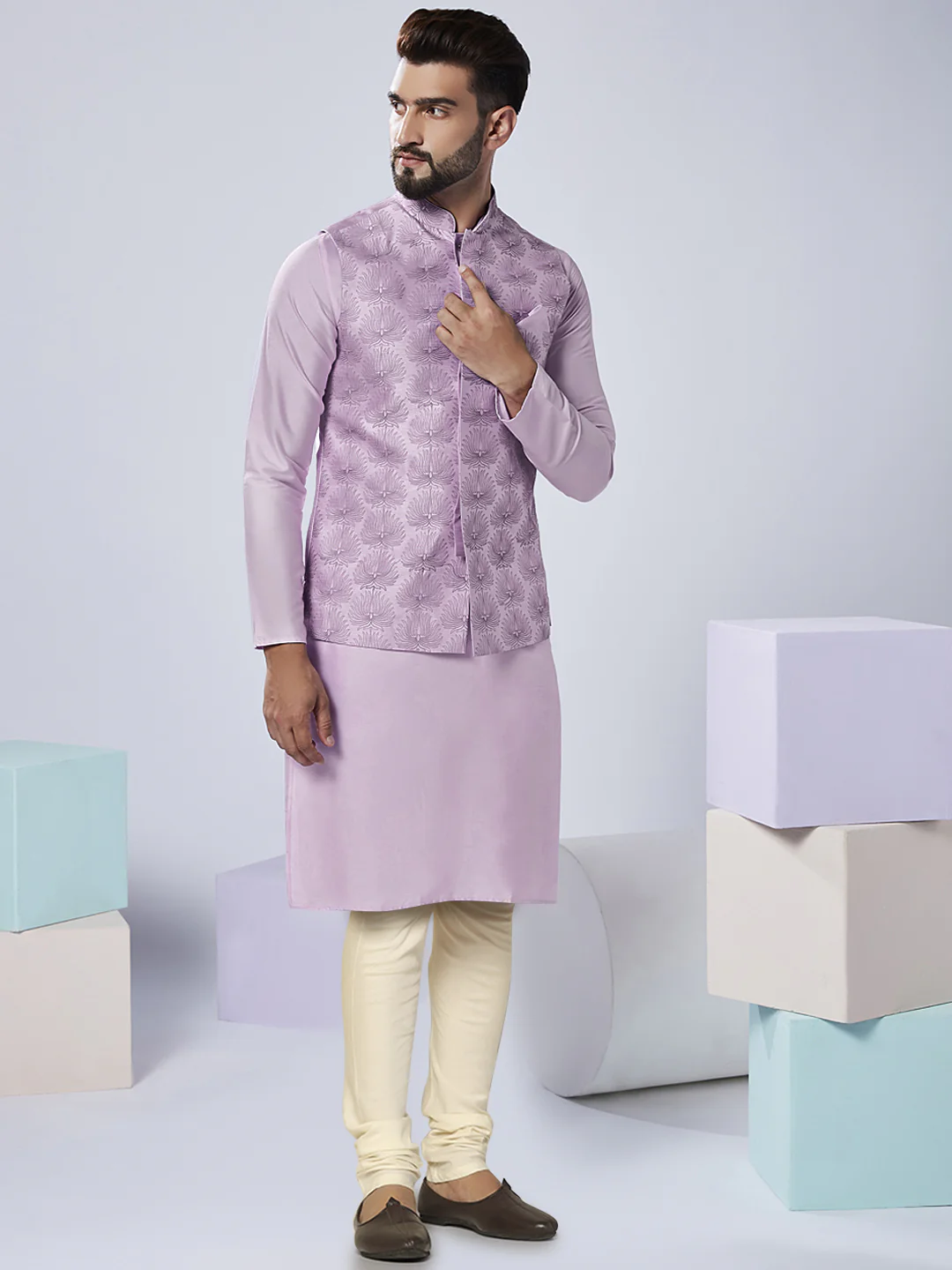 Men's Lavender Kurta Jacket Churidar Set - Image 2