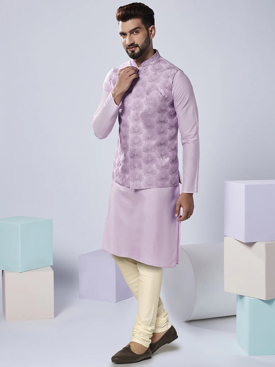 Men's Lavender Kurta Jacket Churidar Set - Image 3