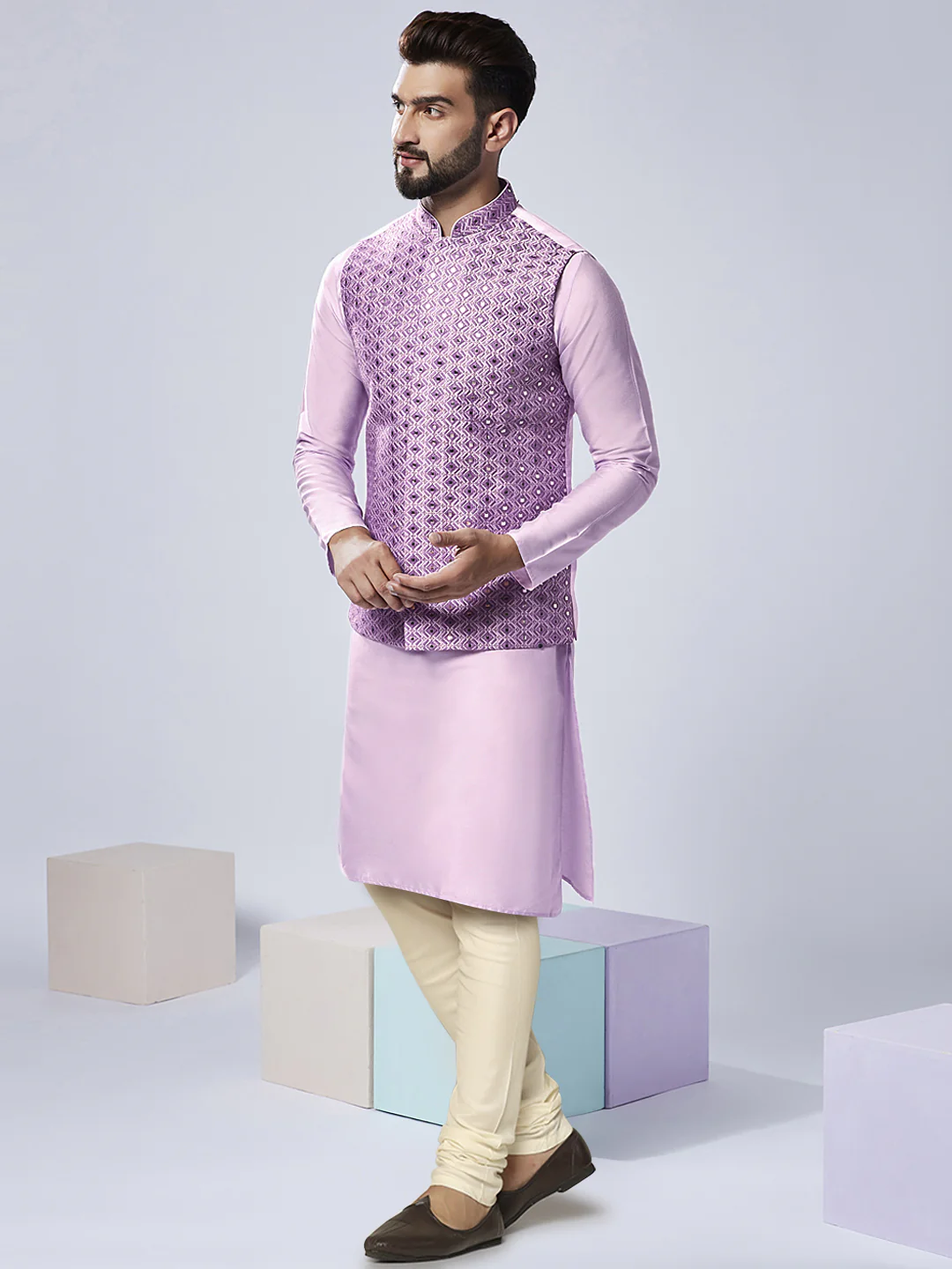 Men's Lavender Kurta Jacket Churidar Set - Image 3