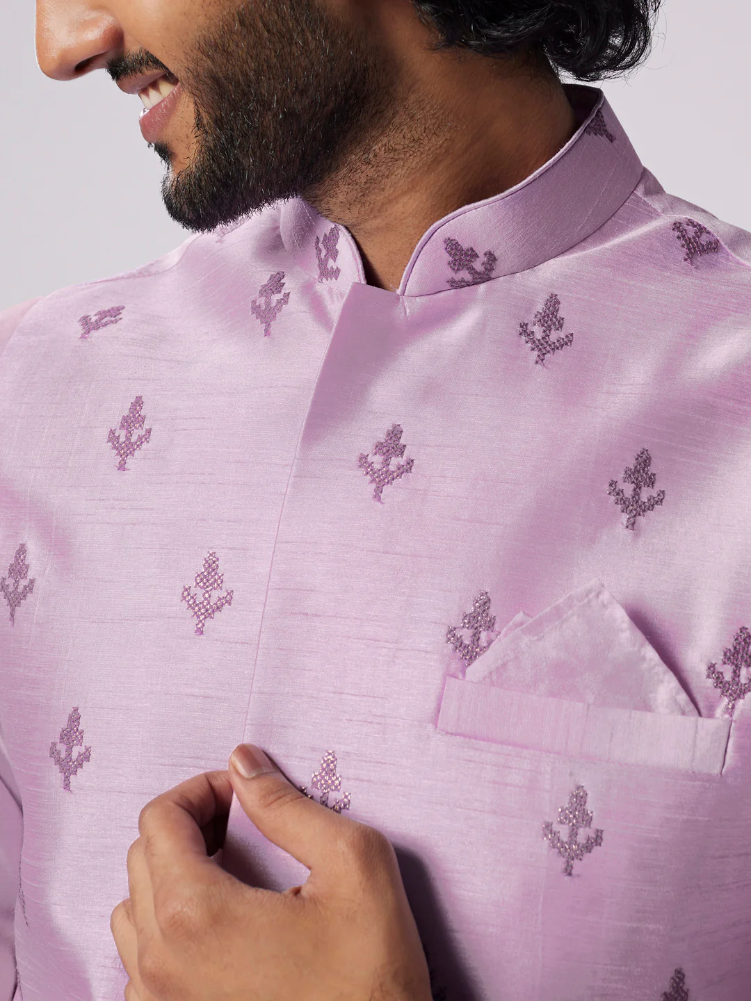 Lavender Art Silk Jacket Kurta Churidar Set - Image 6