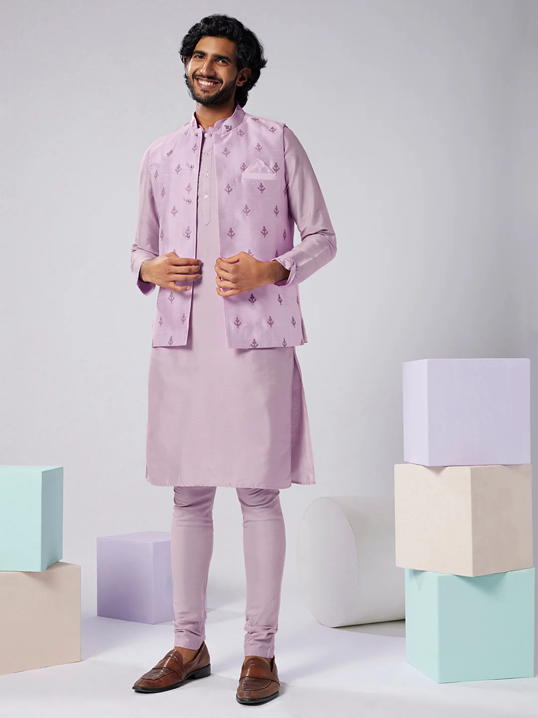 Lavender Art Silk Jacket Kurta Churidar Set - Image 8