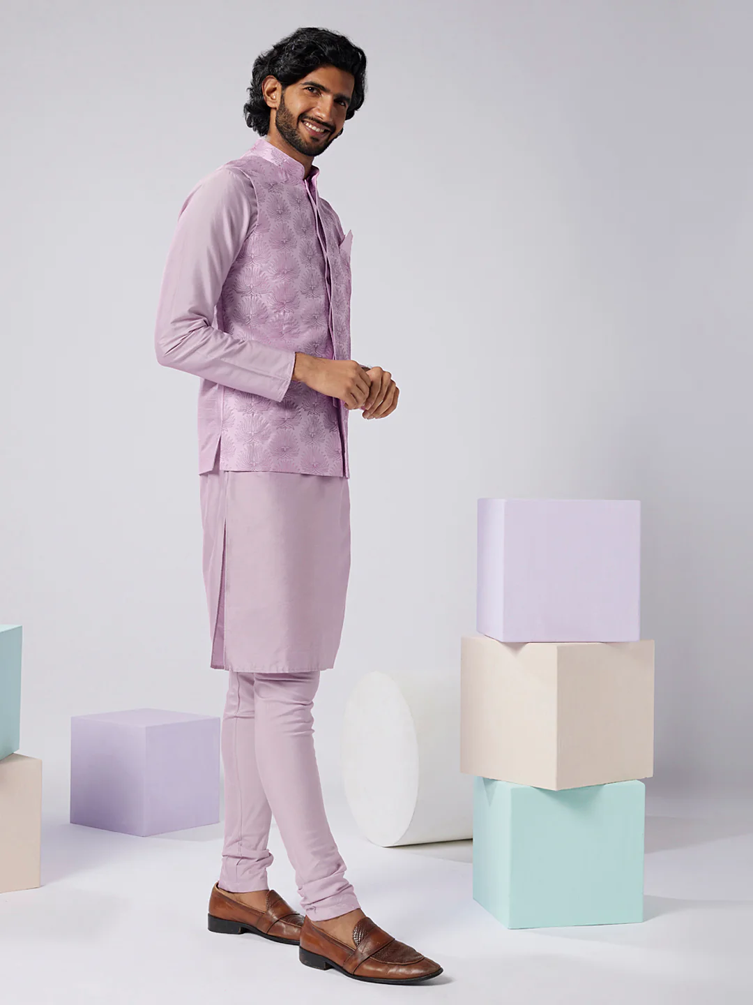 Lavender Silk Blend Textured Nehru Jacket Kurta Set - Image 2