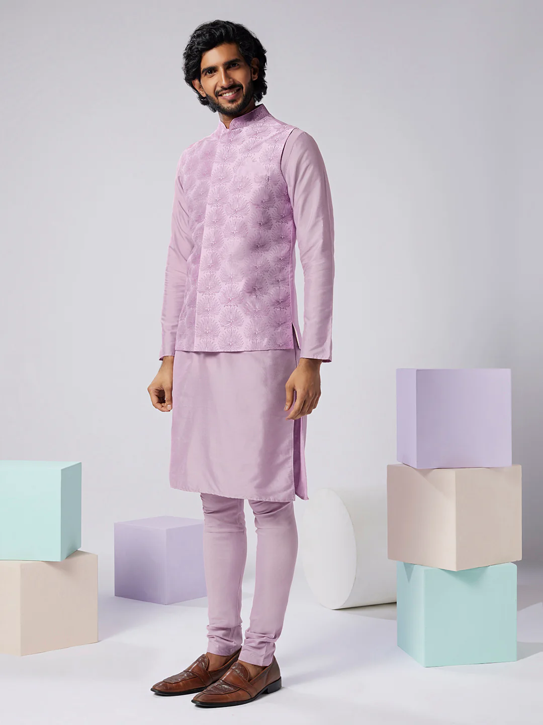 Lavender Silk Blend Textured Nehru Jacket Kurta Set - Image 3
