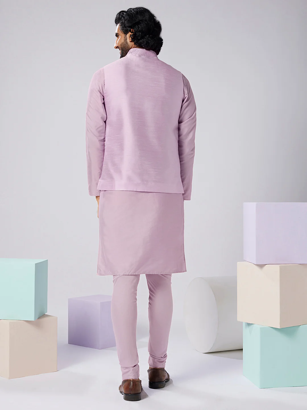 Lavender Silk Blend Textured Nehru Jacket Kurta Set - Image 4