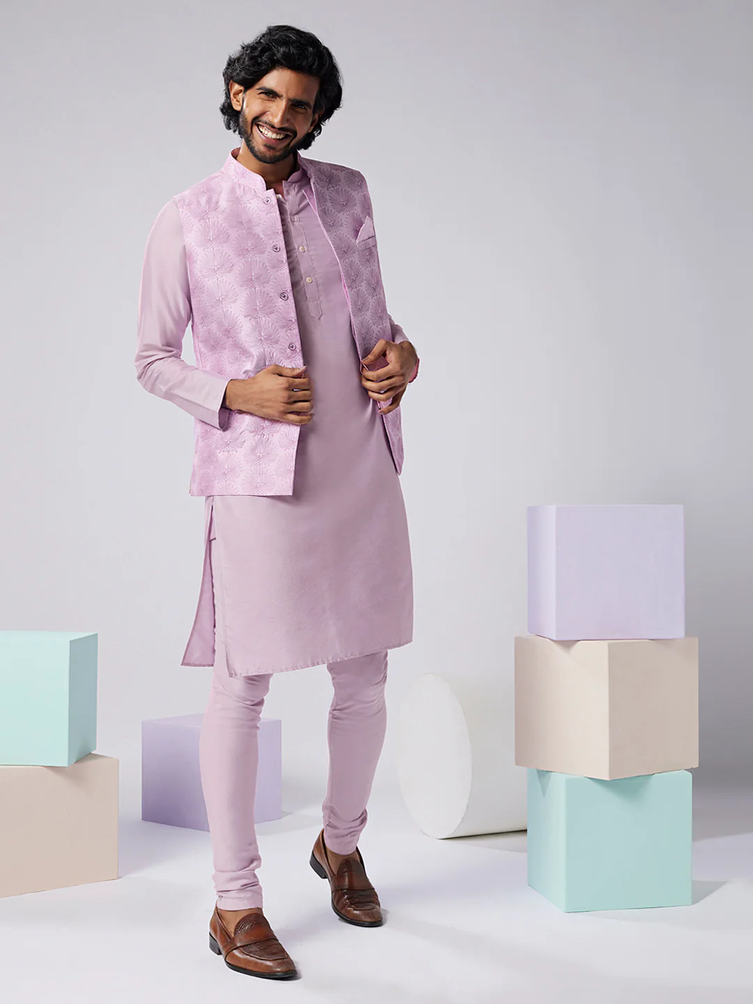 Lavender Silk Blend Textured Nehru Jacket Kurta Set - Image 8