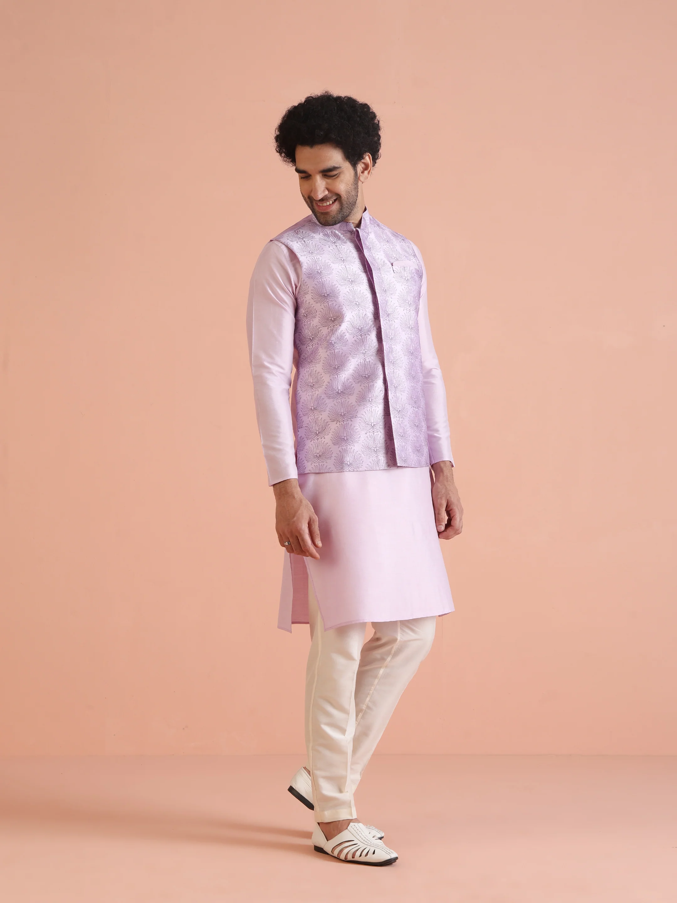 Lilac Silk Blend Embroidered Jacket Kurta Trouser Set - Image 3
