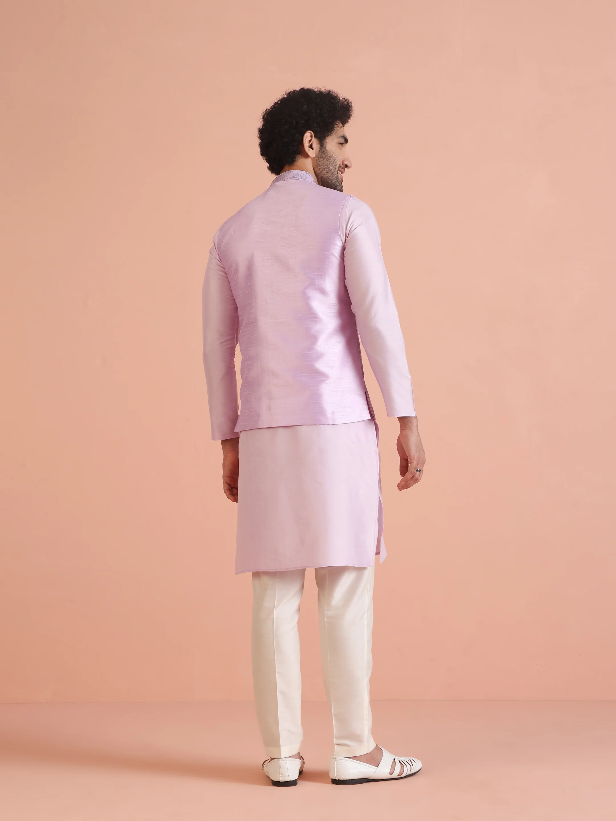 Lilac Silk Blend Embroidered Jacket Kurta Trouser Set - Image 4