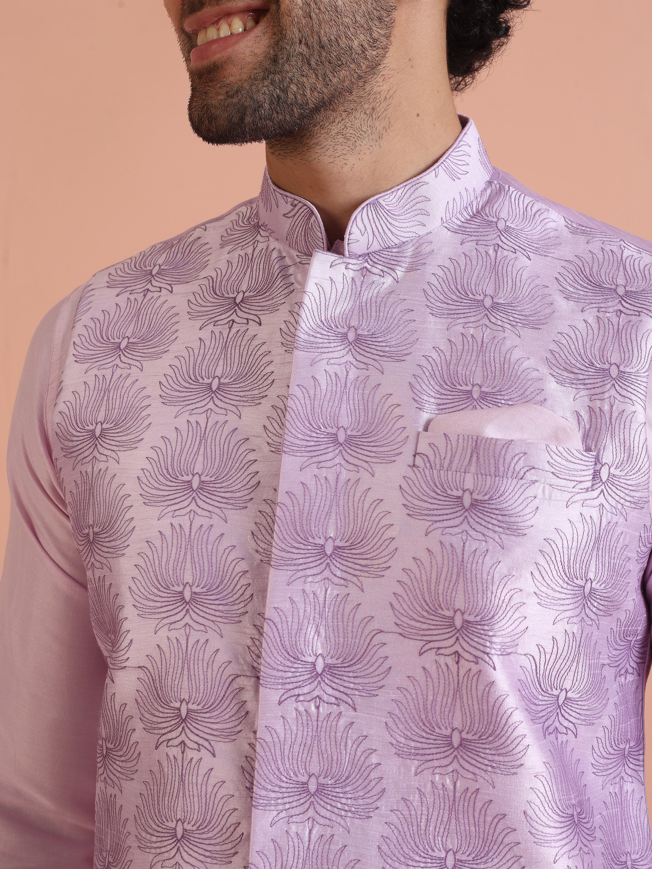 Lilac Silk Blend Embroidered Jacket Kurta Trouser Set - Image 6