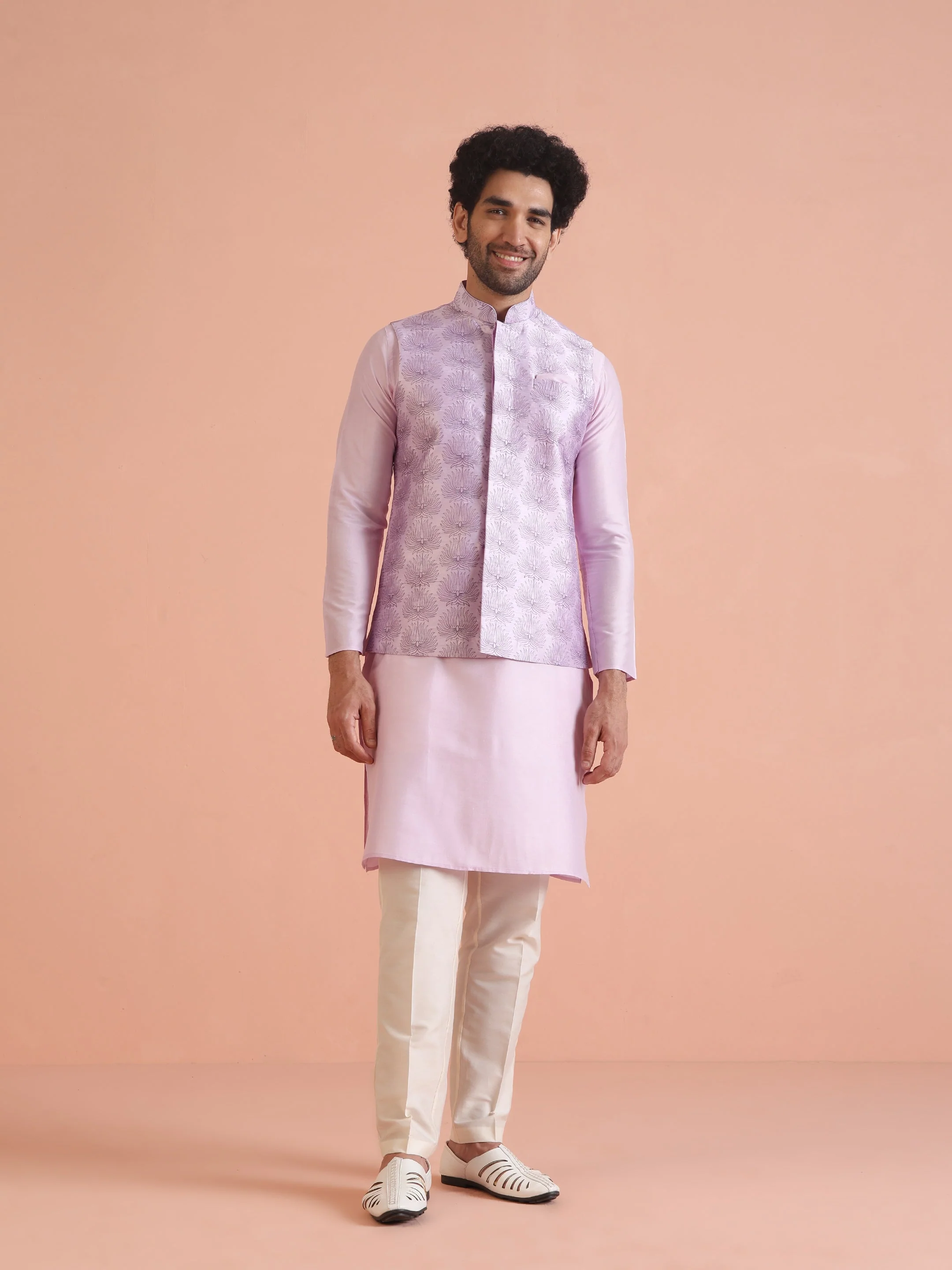 Lilac Silk Blend Embroidered Jacket Kurta Trouser Set - Image 9