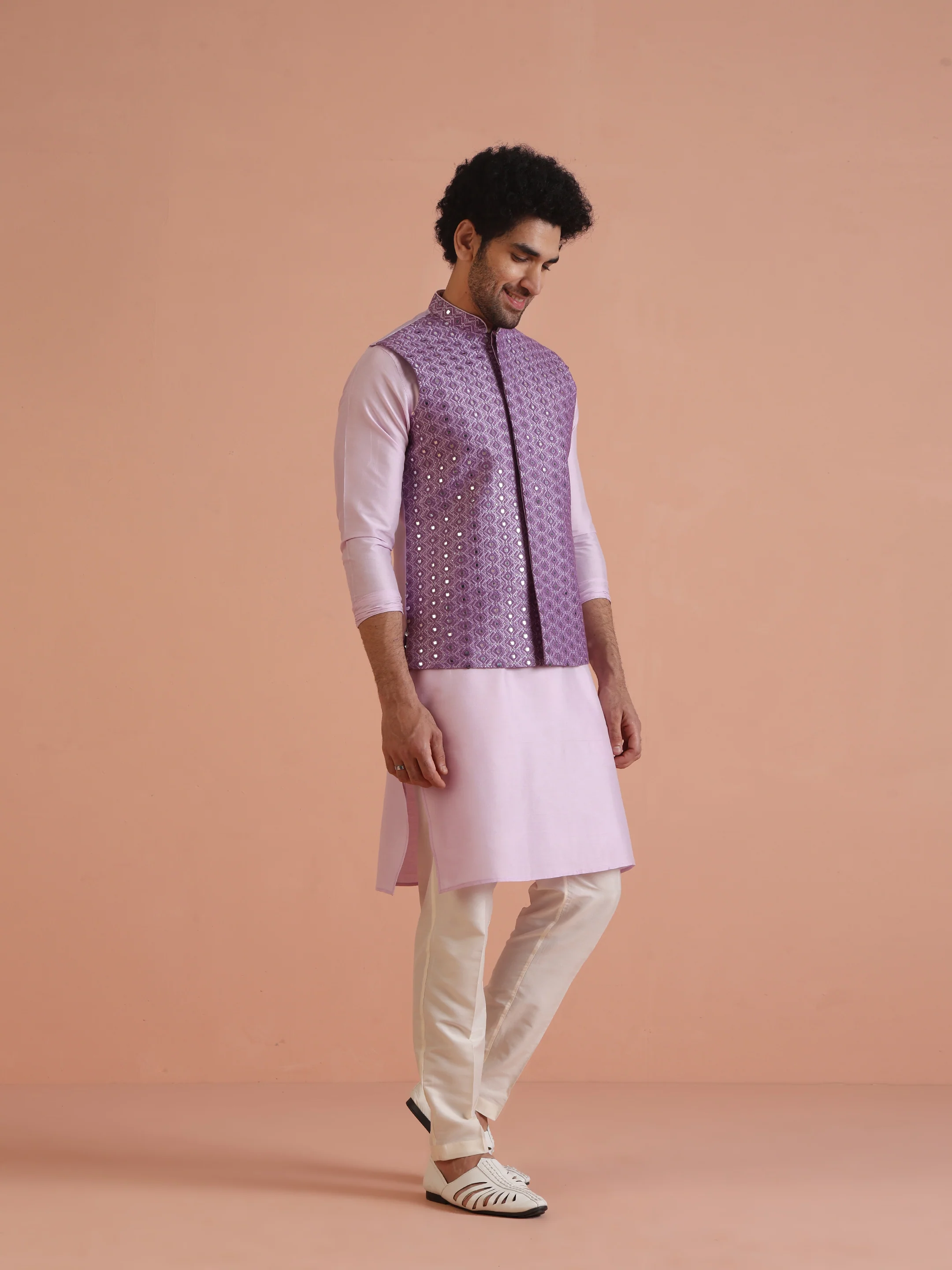 Lilac Mirror Work Kurta Jacket Trouser Set - Image 3