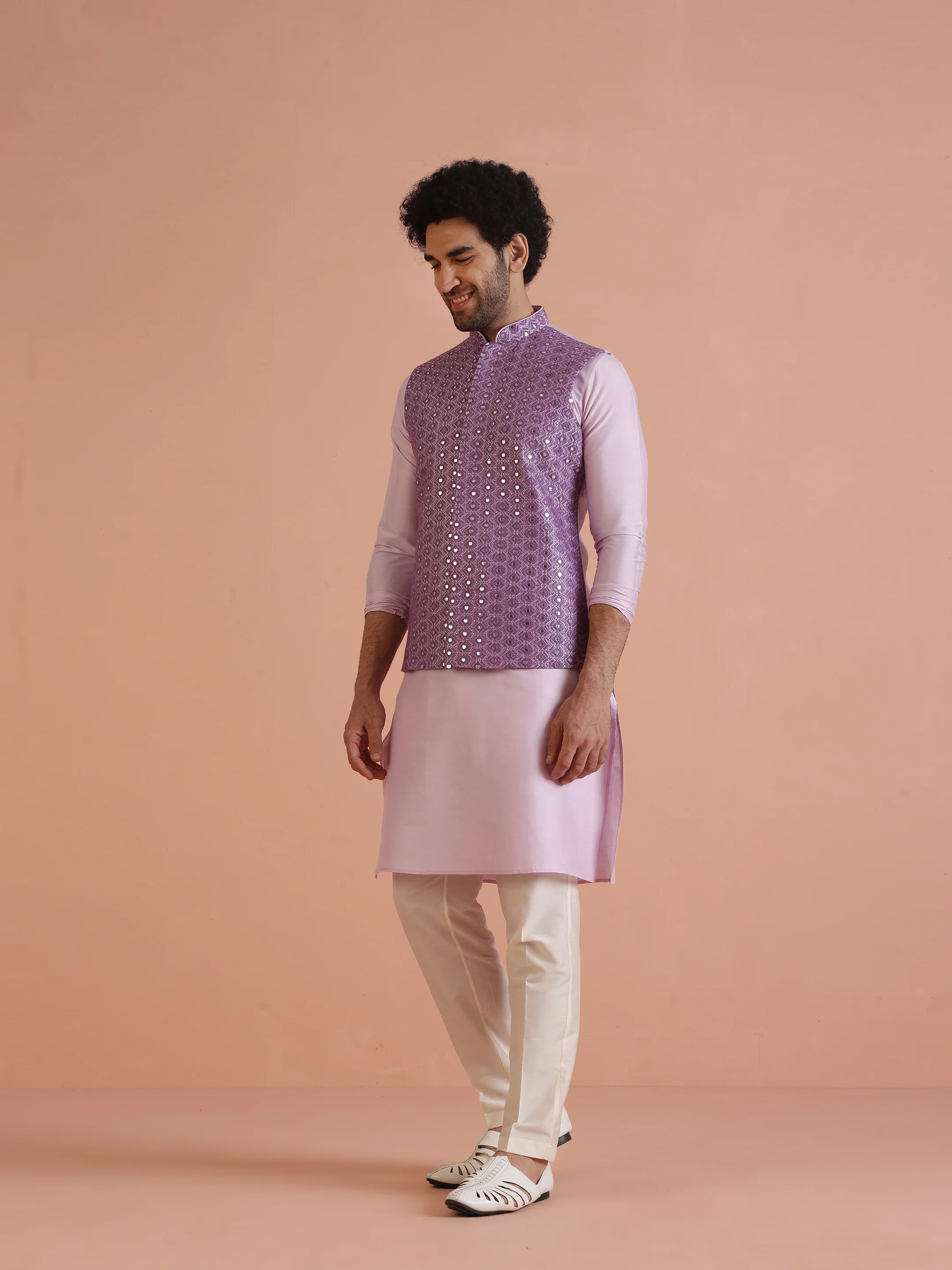 Lilac Mirror Work Kurta Jacket Trouser Set - Image 4