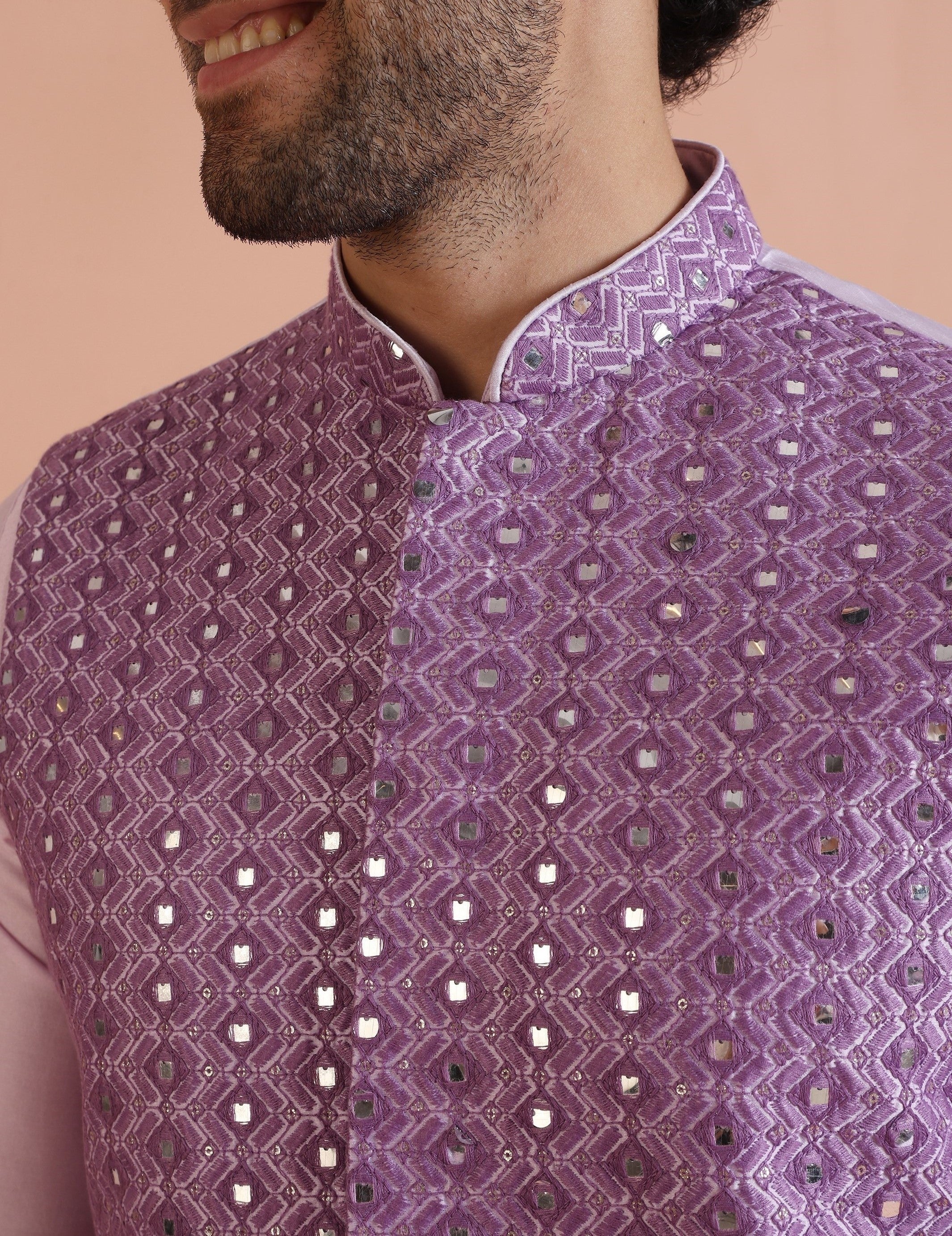 Lilac Mirror Work Kurta Jacket Trouser Set - Image 6