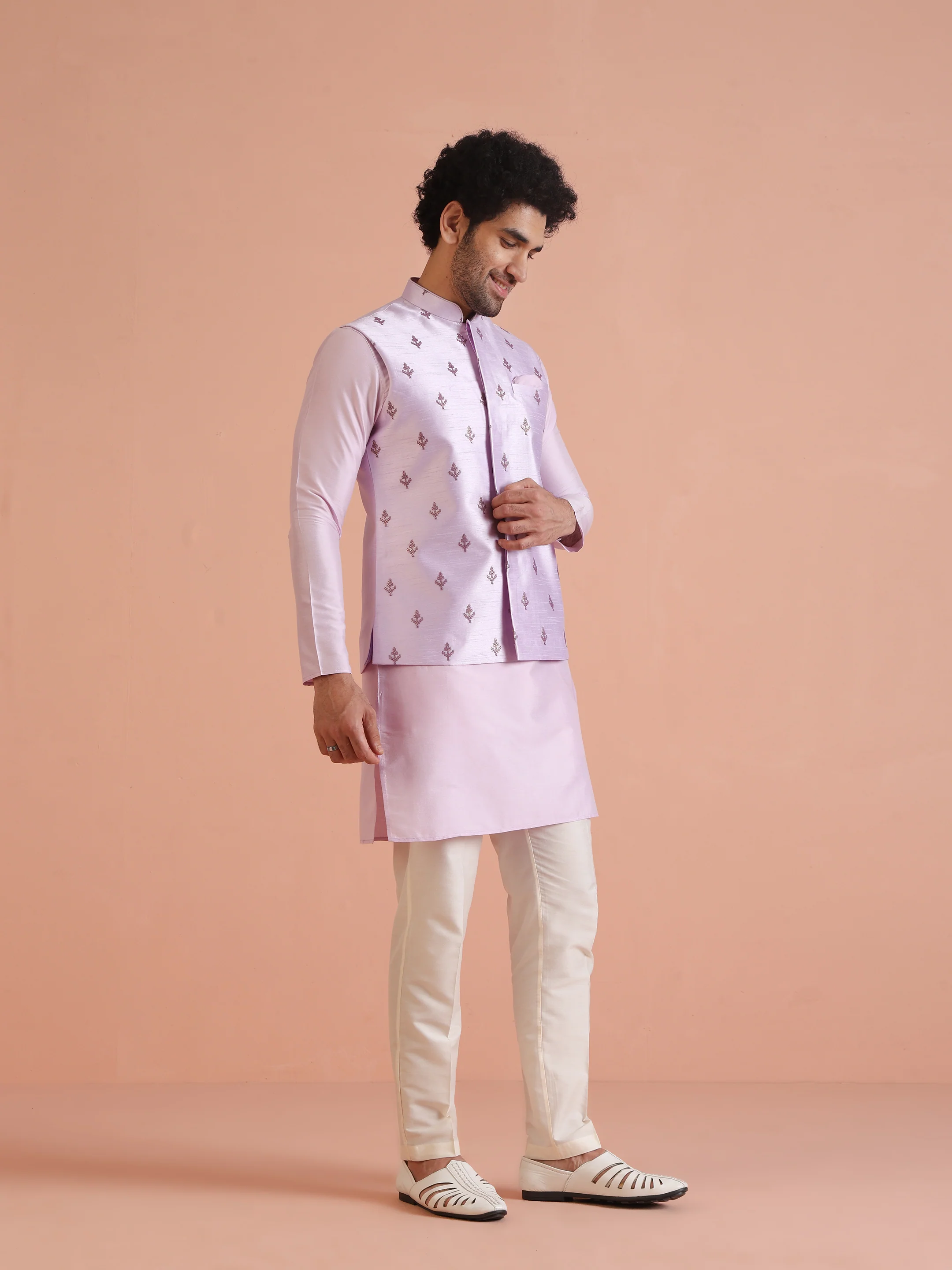 Lilac Thread Embroidered Nehru Jacket - Image 3