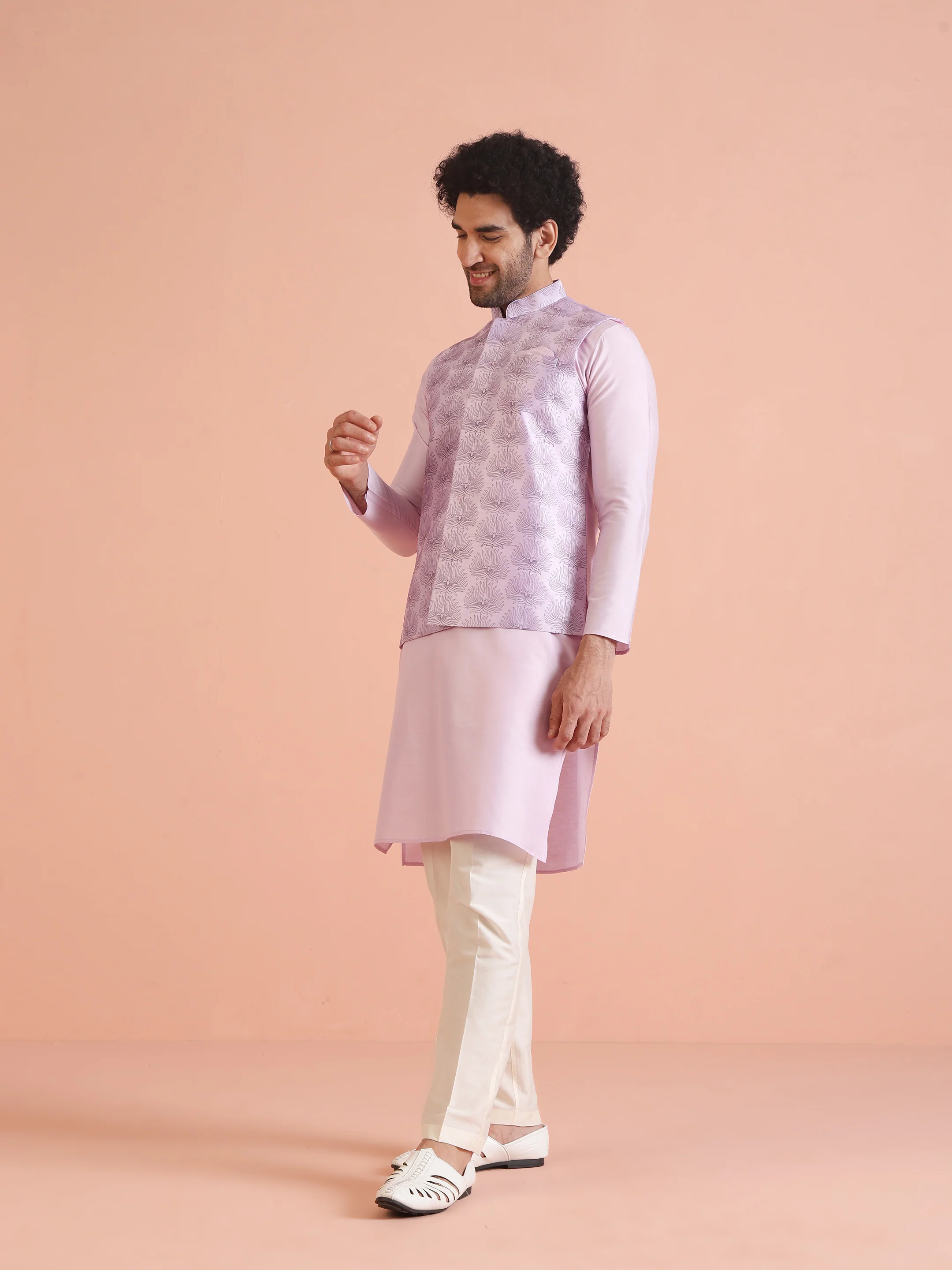 Lilac Floral Pattern Silk Blend Nehru Jacket - Image 3