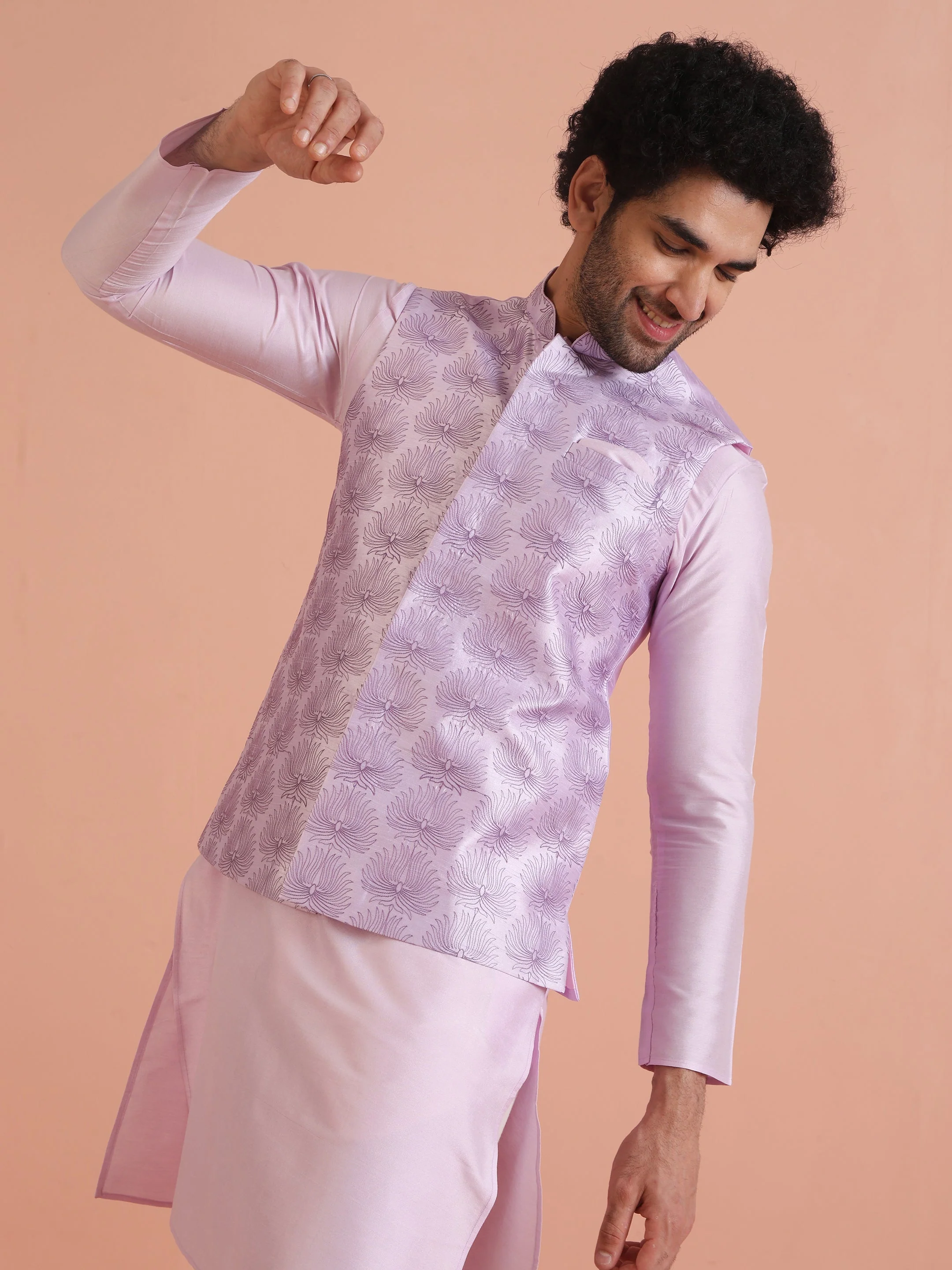 Lilac Floral Pattern Silk Blend Nehru Jacket - Image 7