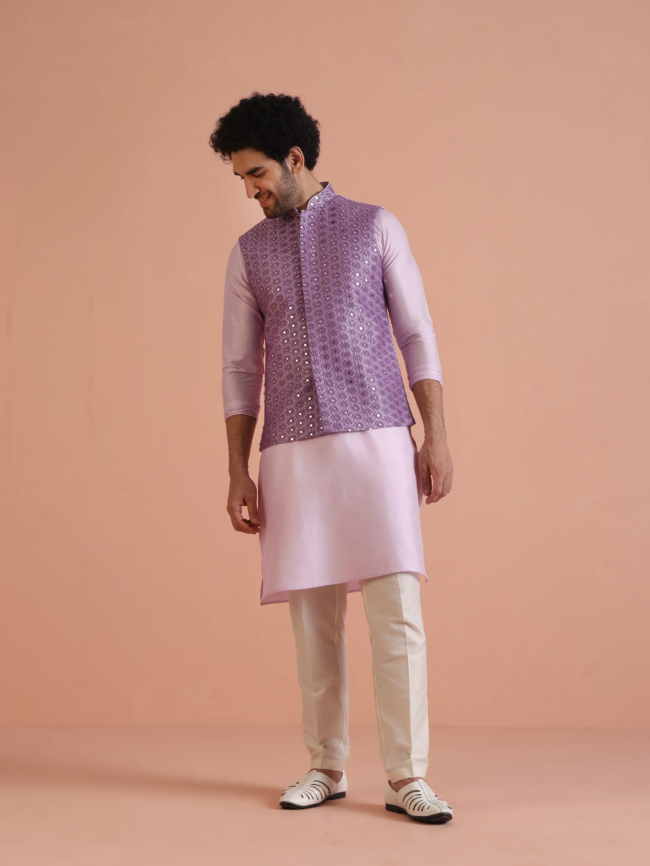 Lavender Mirror Work Nehru Jacket - Image 2