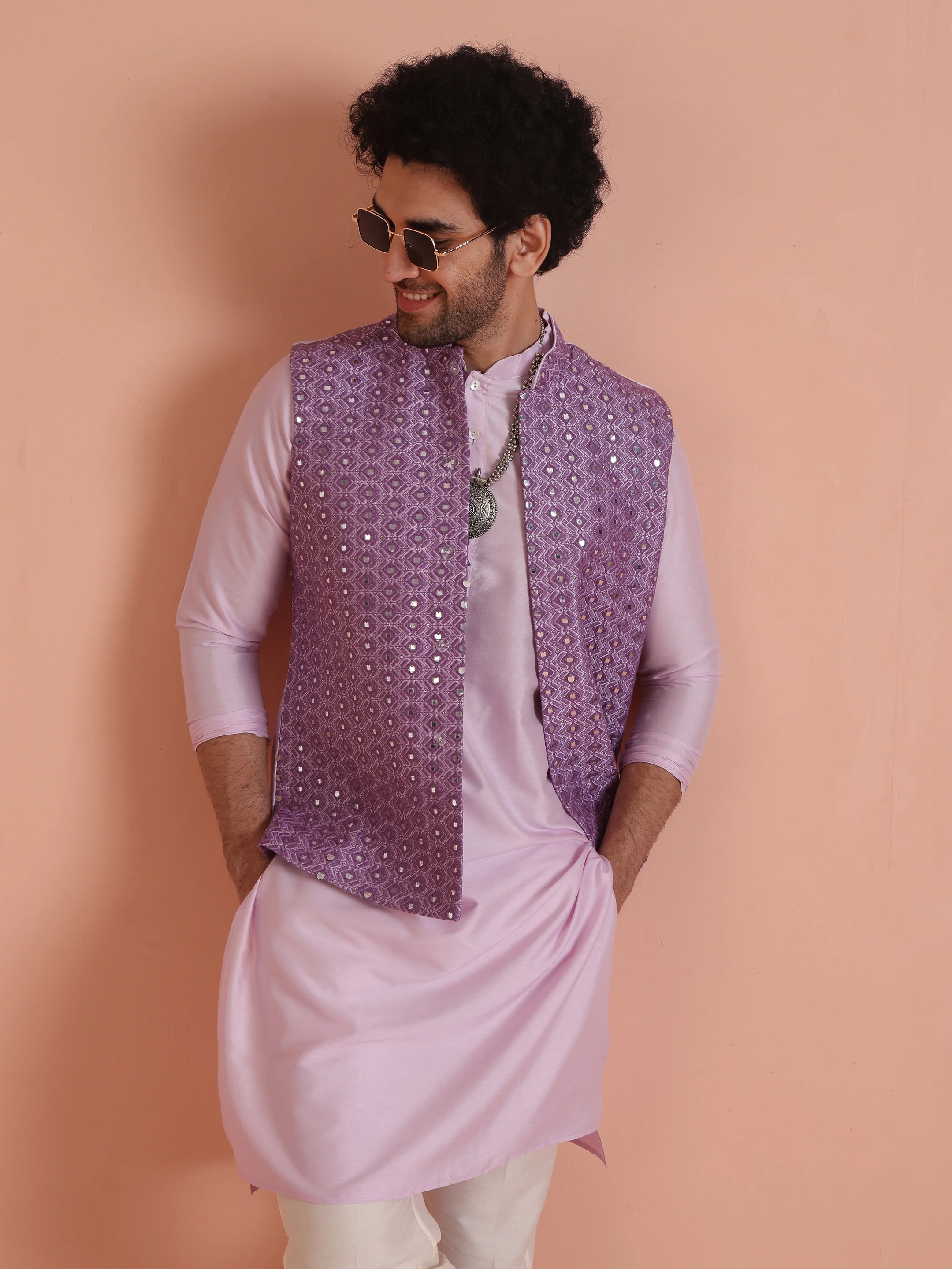 Lavender Mirror Work Nehru Jacket - Image 6