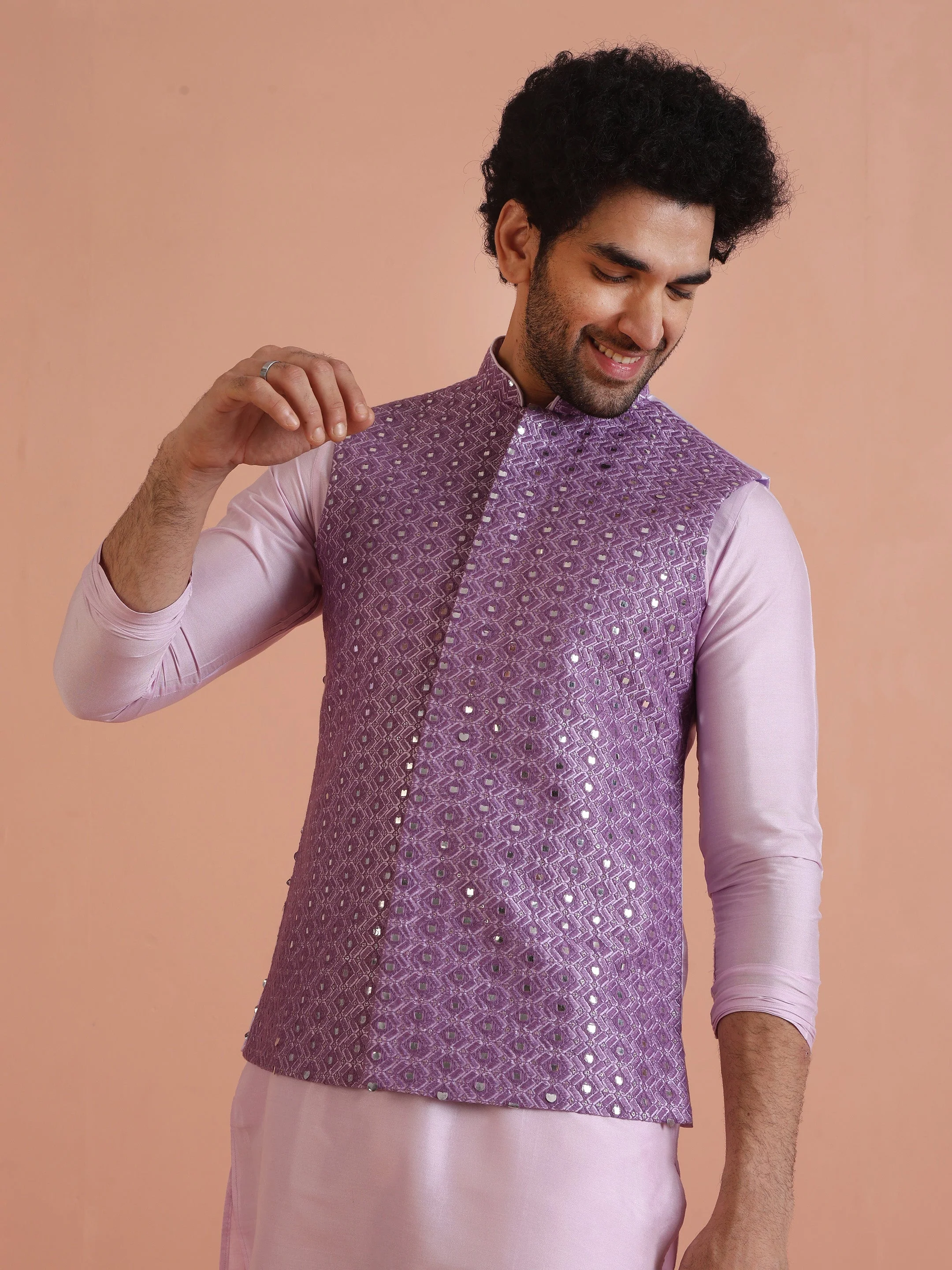 Lavender Mirror Work Nehru Jacket - Image 7