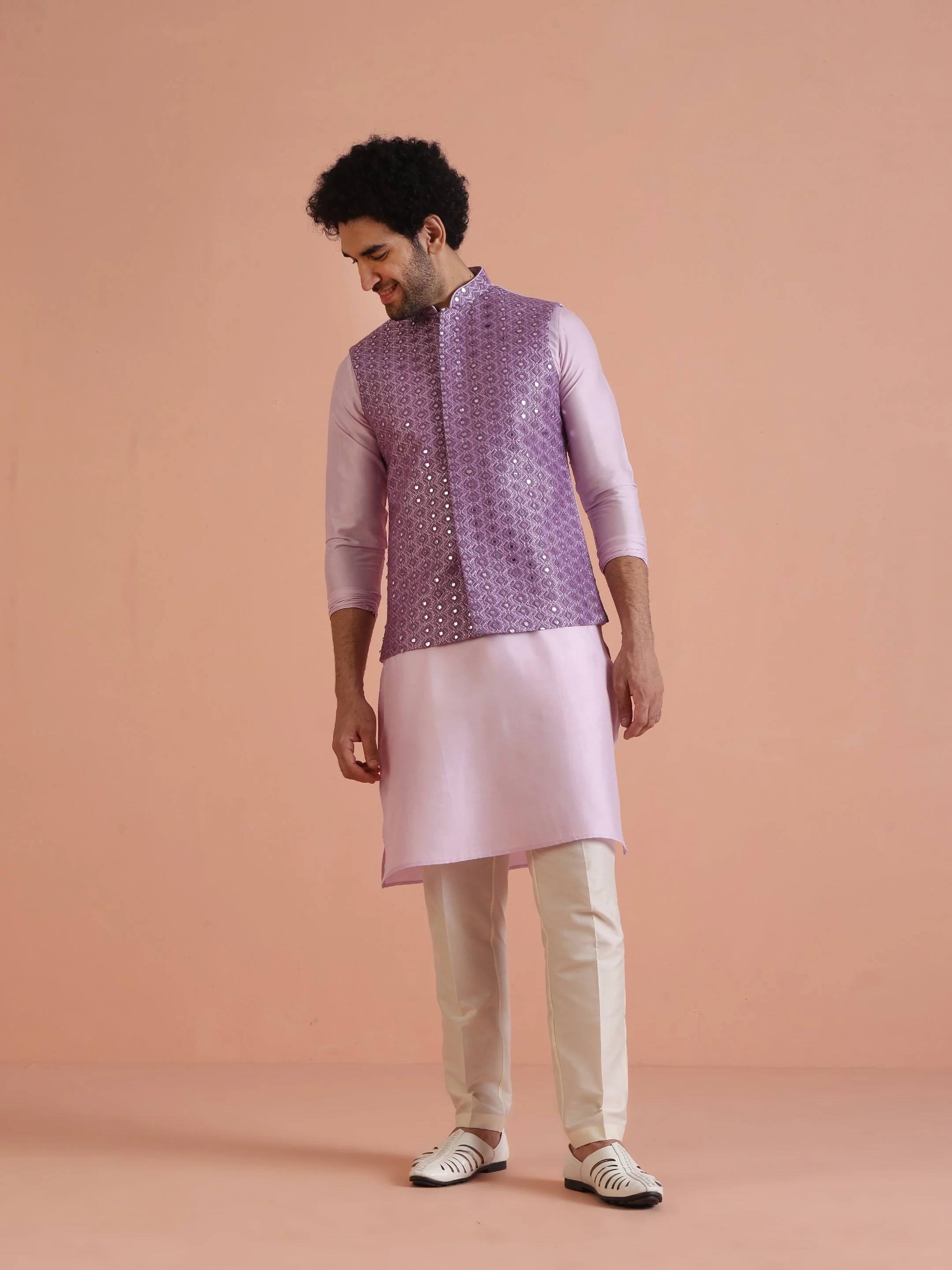 Lavender Mirror Work Nehru Jacket - Image 8