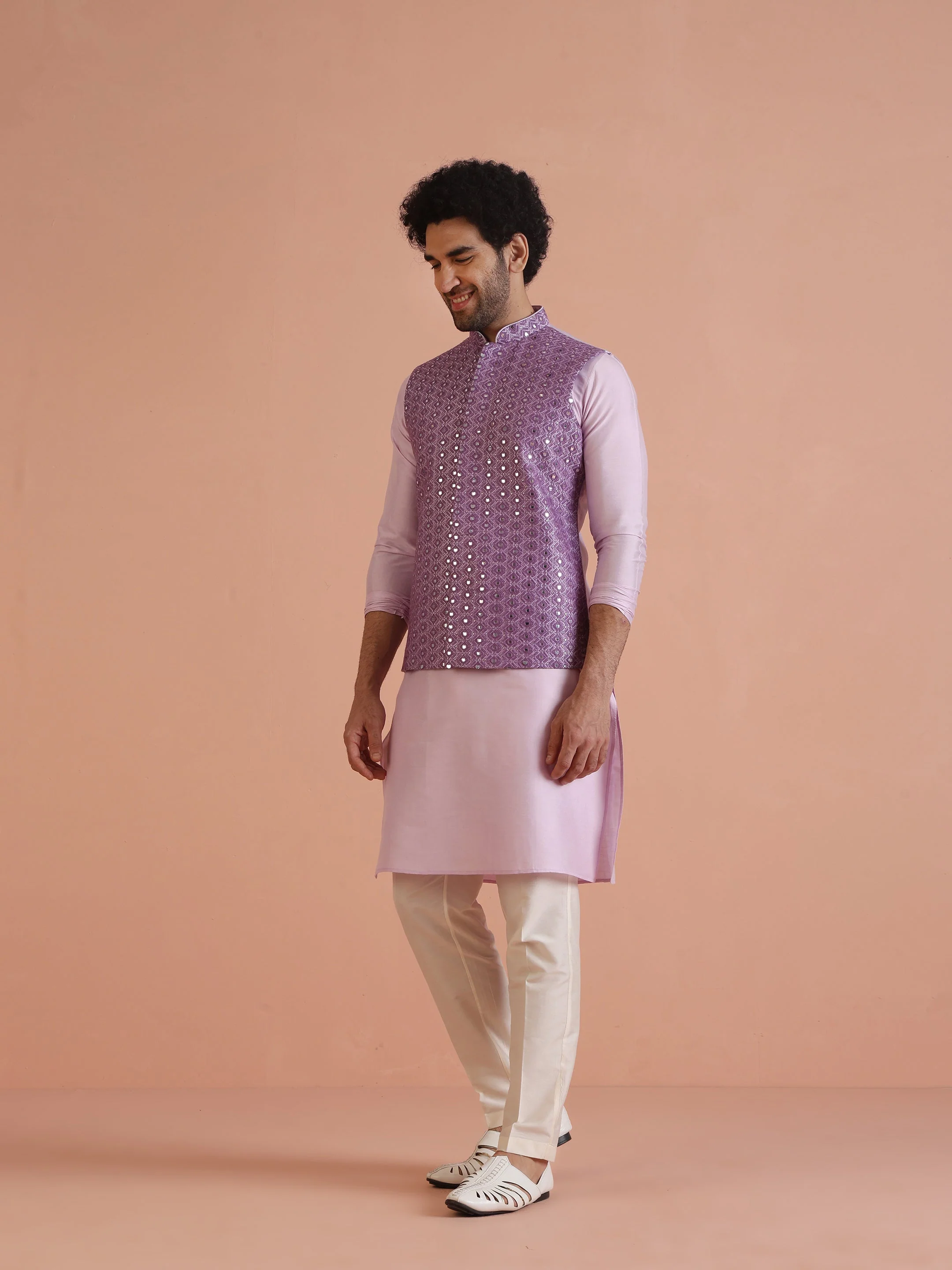 Lavender Mirror Work Nehru Jacket - Image 9