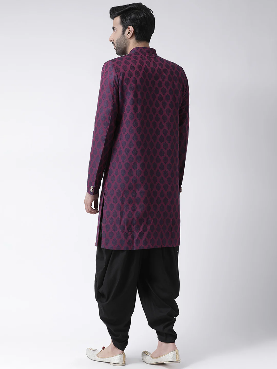 Wine Jacquard Sherwani with Black Dhoti - Image 3