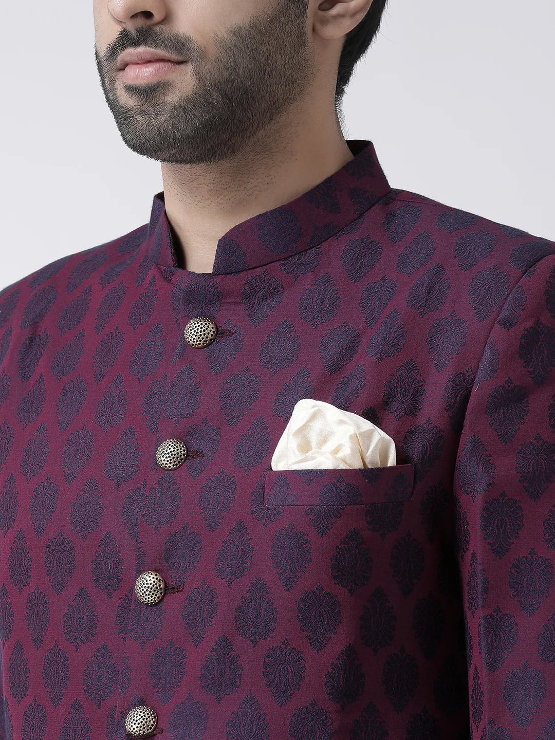 Wine Jacquard Sherwani with Black Dhoti - Image 4