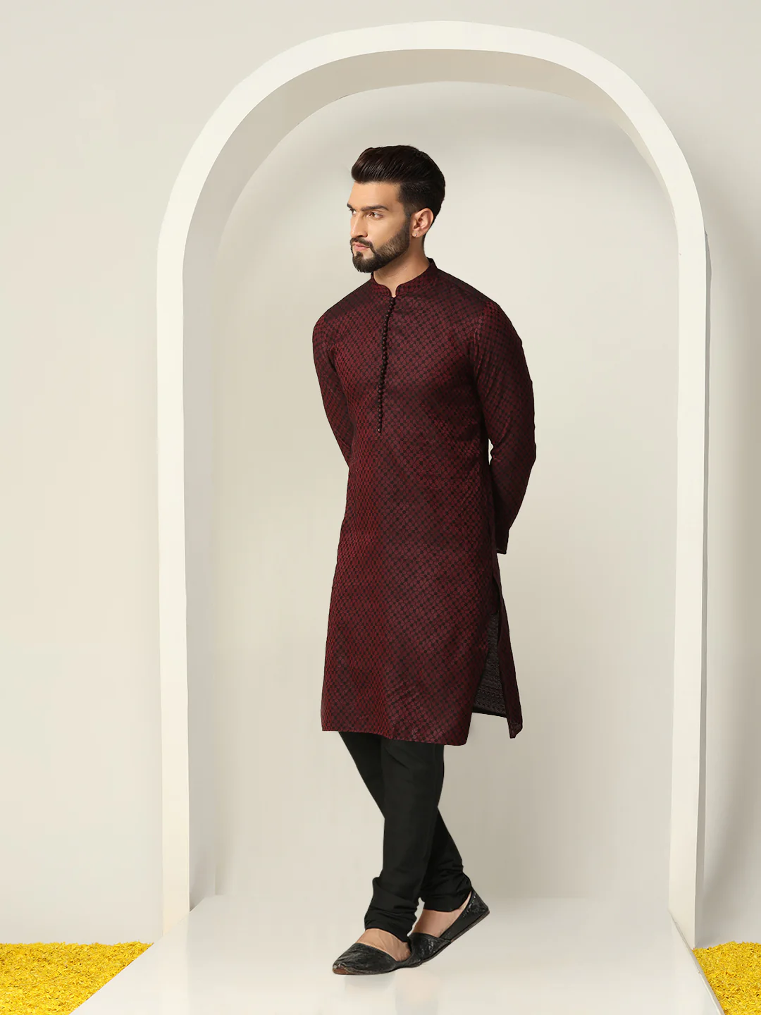Maroon Art Silk Textured Kurta Churidar Set - Image 3