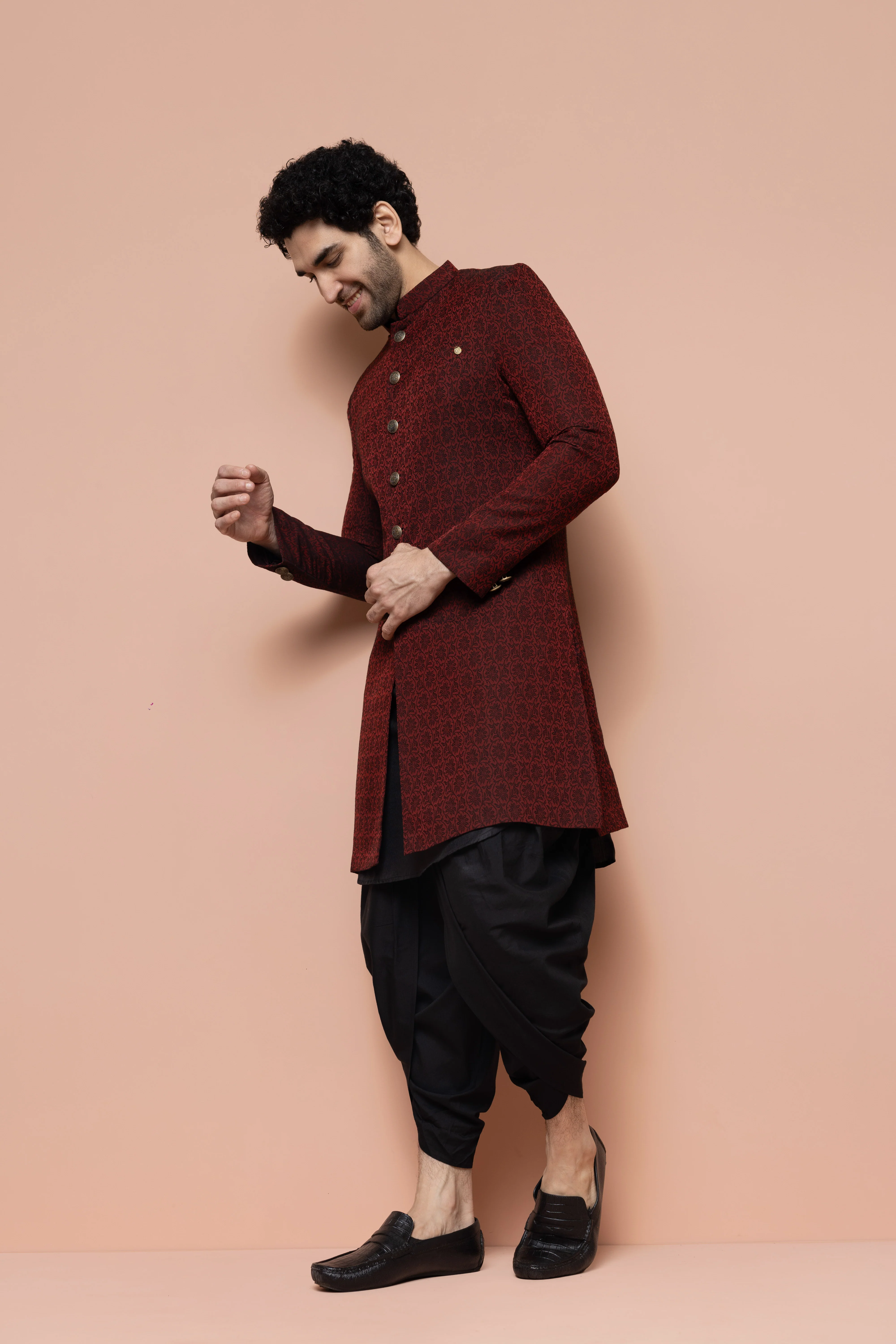 Maroon Cotton Silk Jacquard Sherwani Kurta Dhoti Set - Image 2