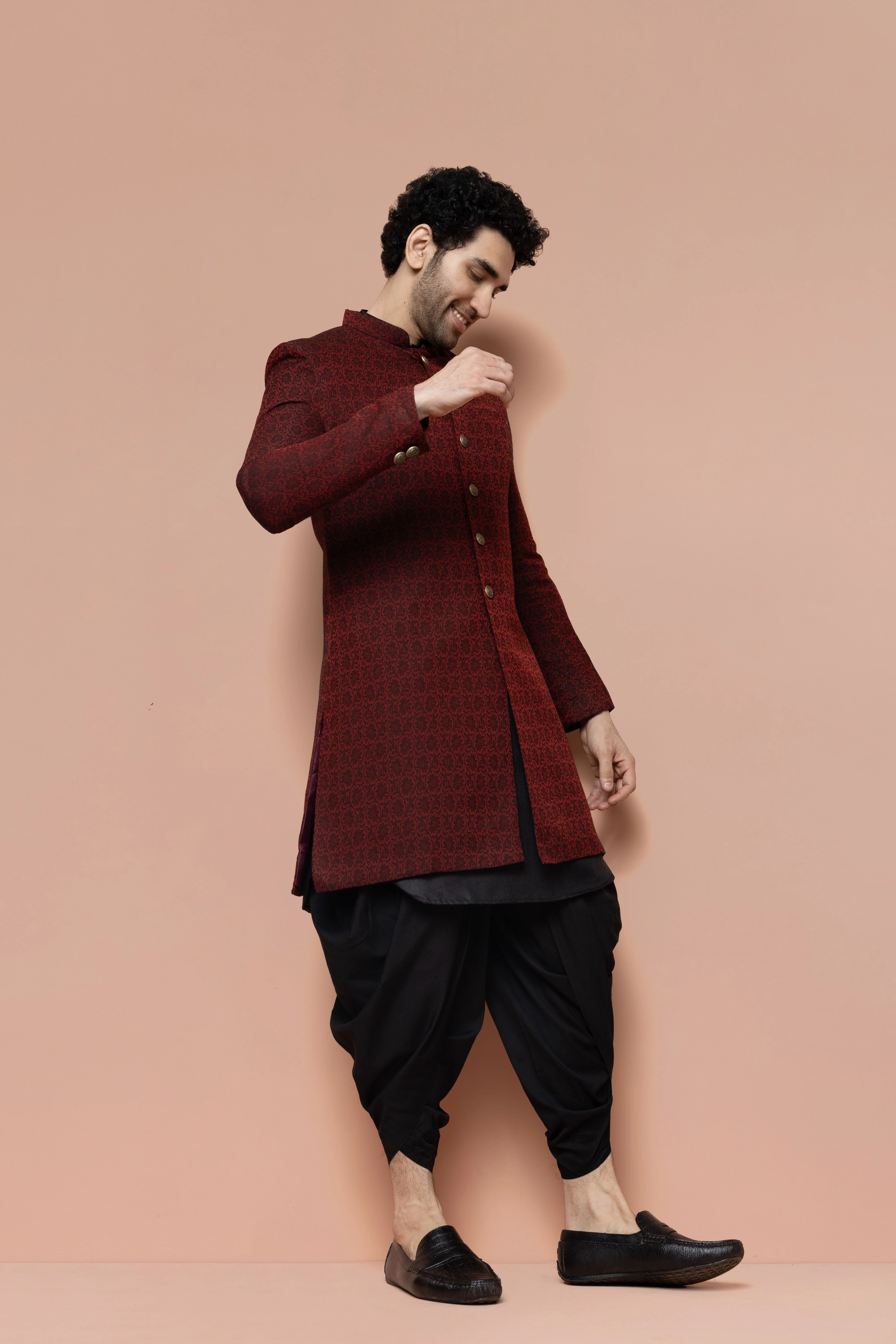 Maroon Cotton Silk Jacquard Sherwani Kurta Dhoti Set - Image 3