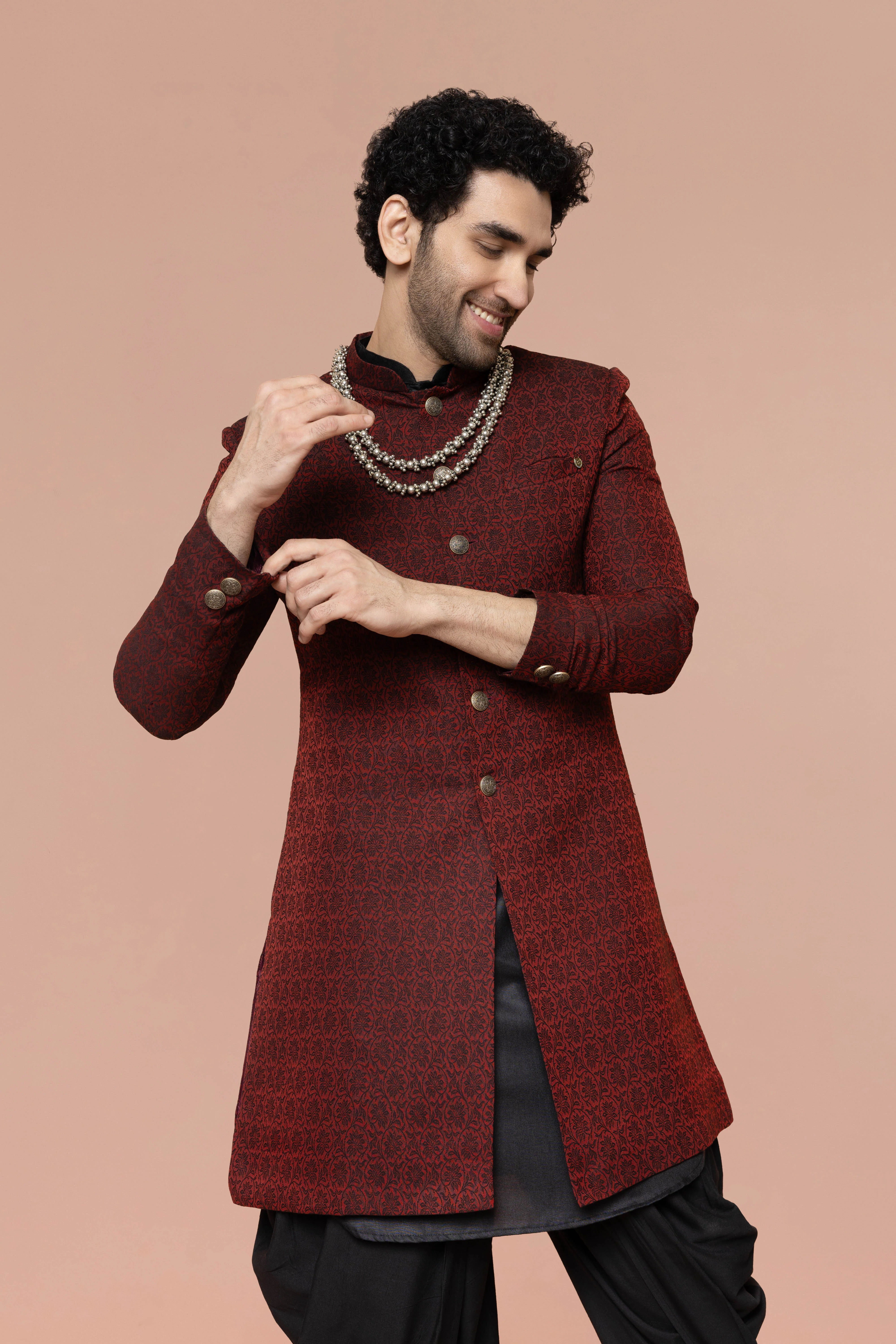Maroon Cotton Silk Jacquard Sherwani Kurta Dhoti Set - Image 7