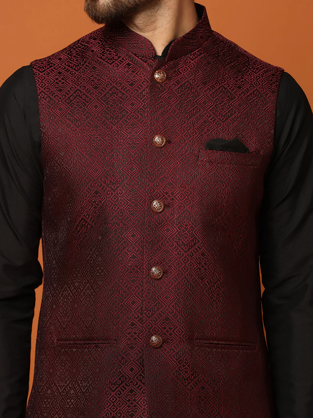 Men's Maroon Kurta Jacket Churidar Set - Image 6