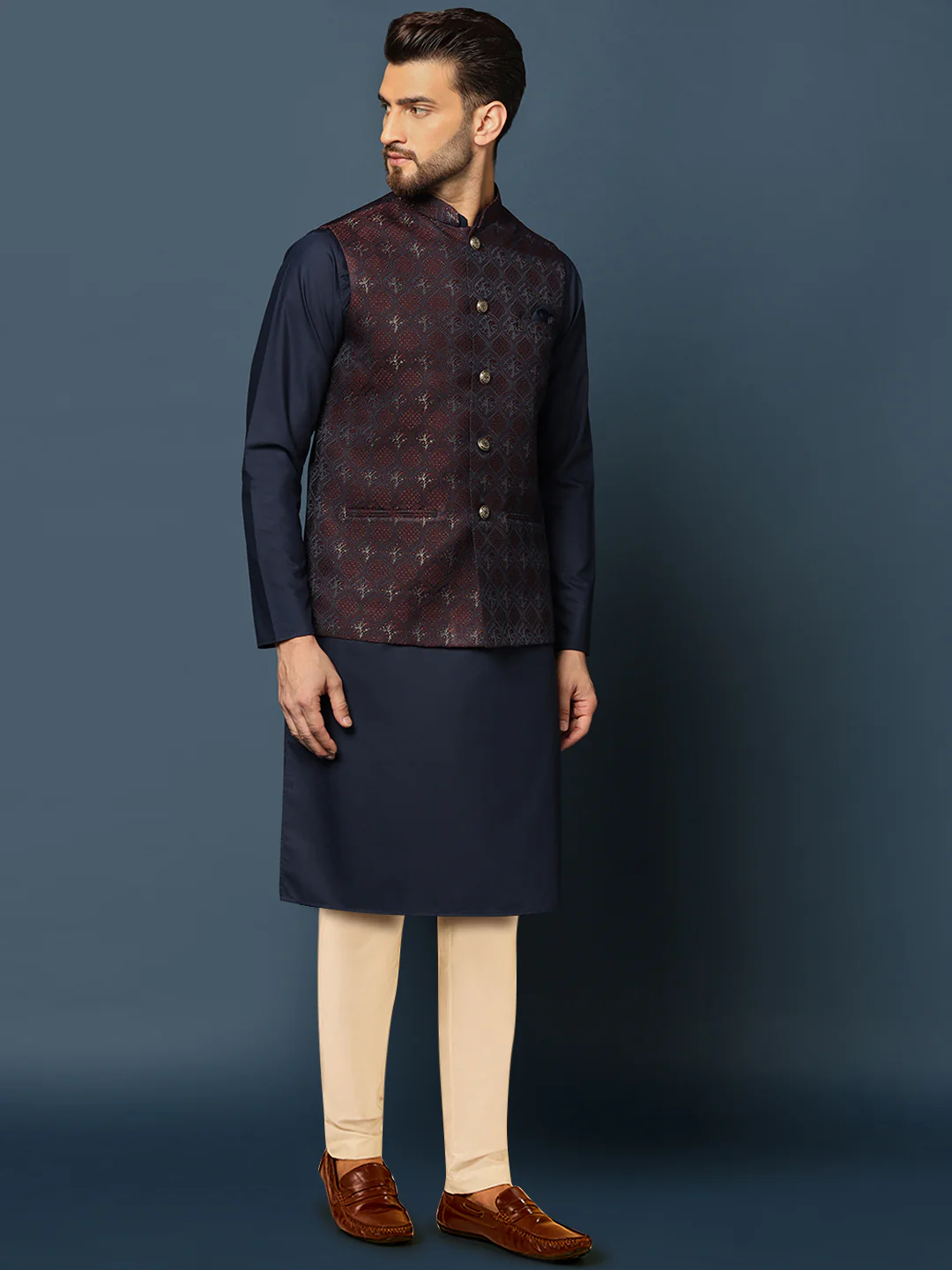 Men's Maroon Kurta Jacket Trouser Set - Image 2