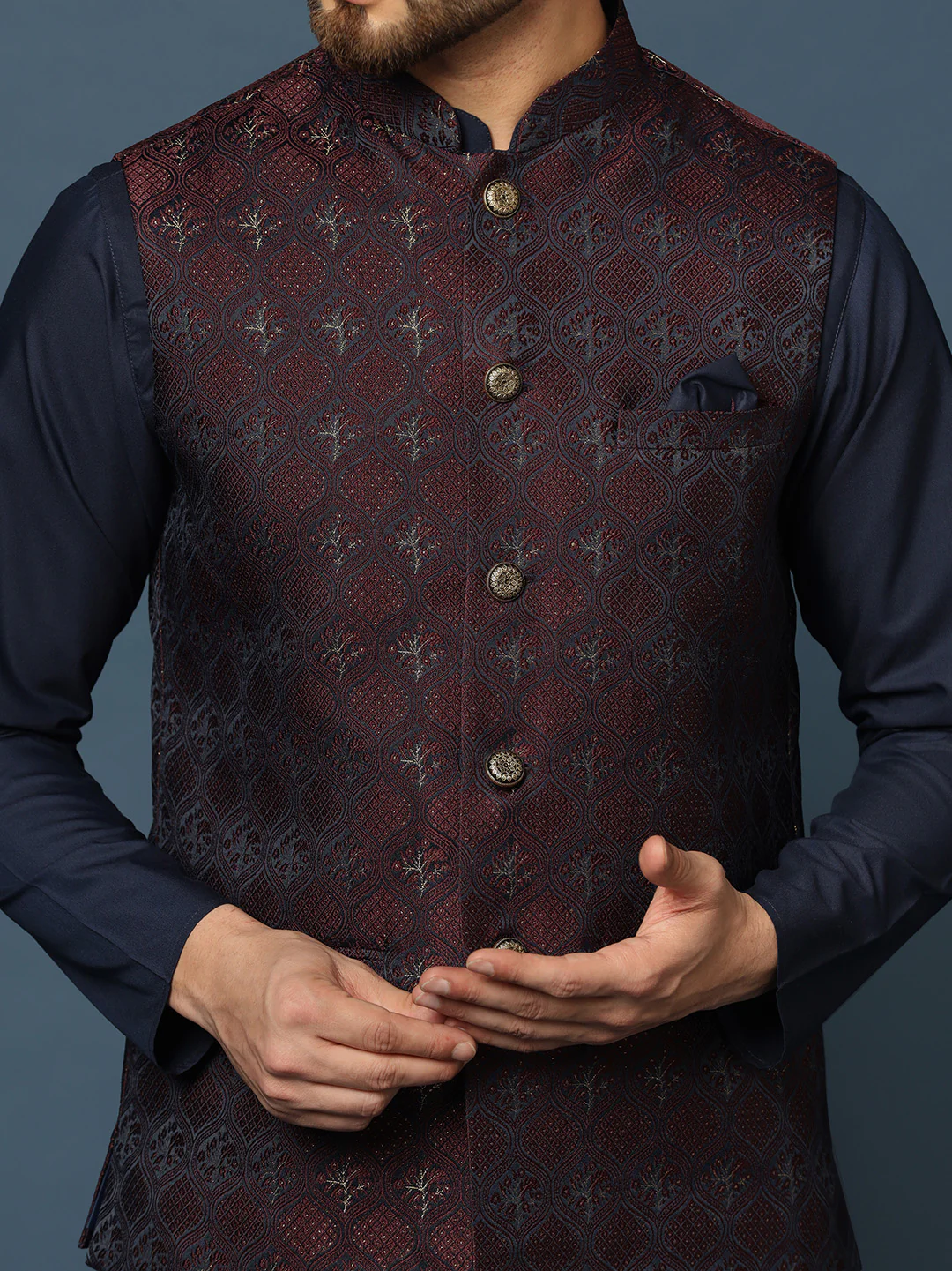 Men's Maroon Kurta Jacket Trouser Set - Image 6