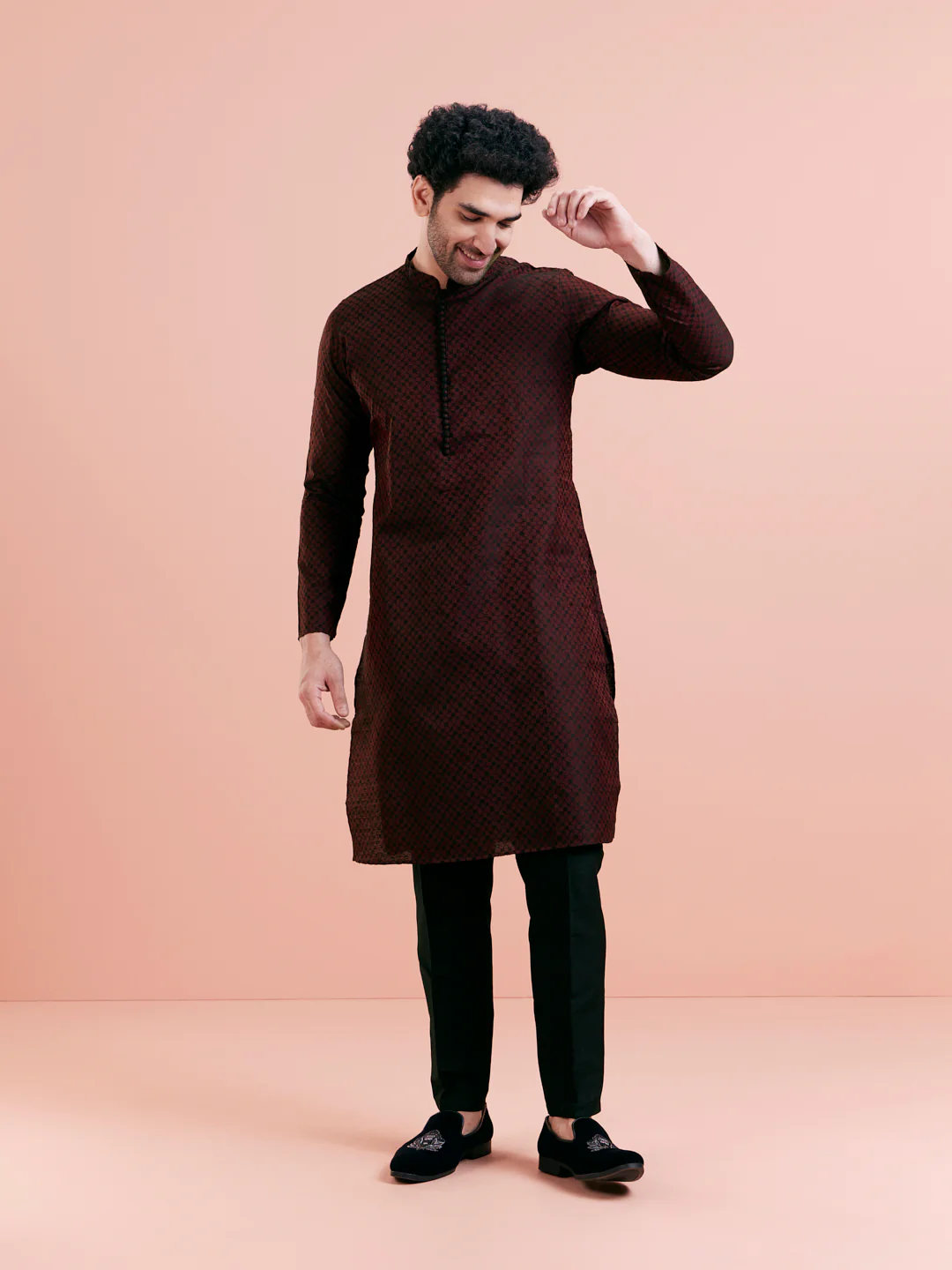 Maroon Silk Blend Woven Long Kurta - Image 7