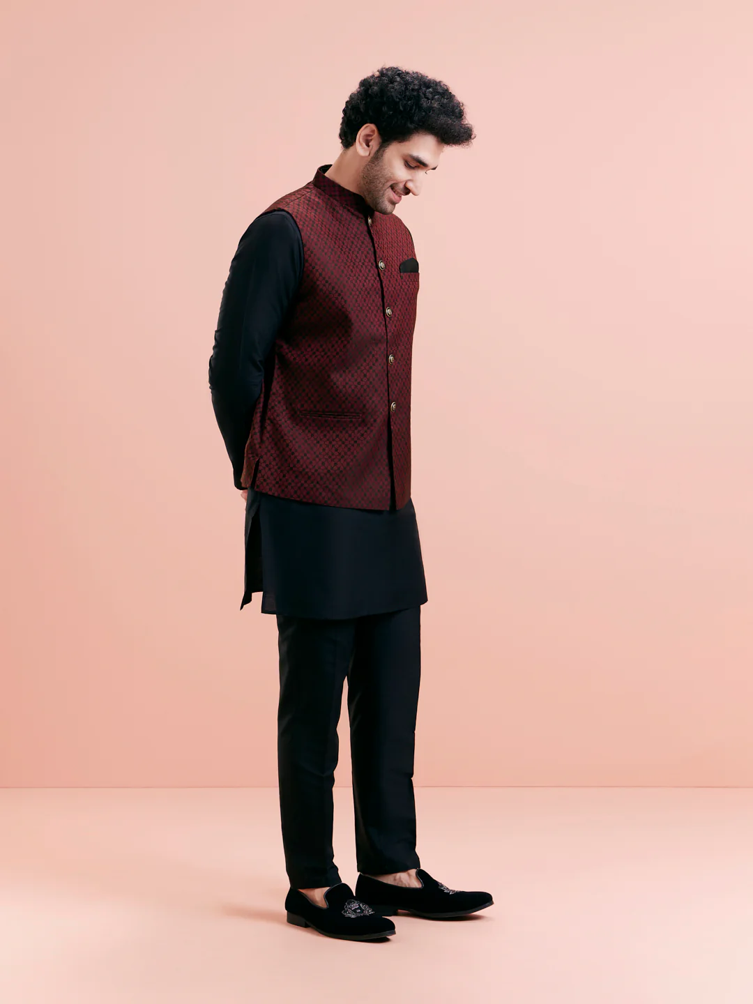 Maroon Silk Blend Jacquard Nehru Jacket - Image 3