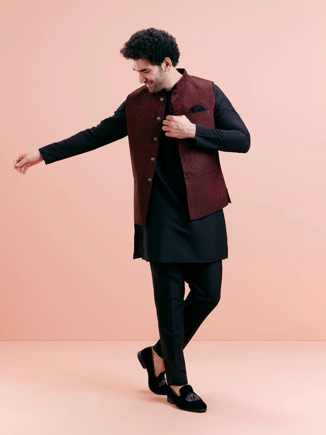 Maroon Silk Blend Jacquard Nehru Jacket - Image 6