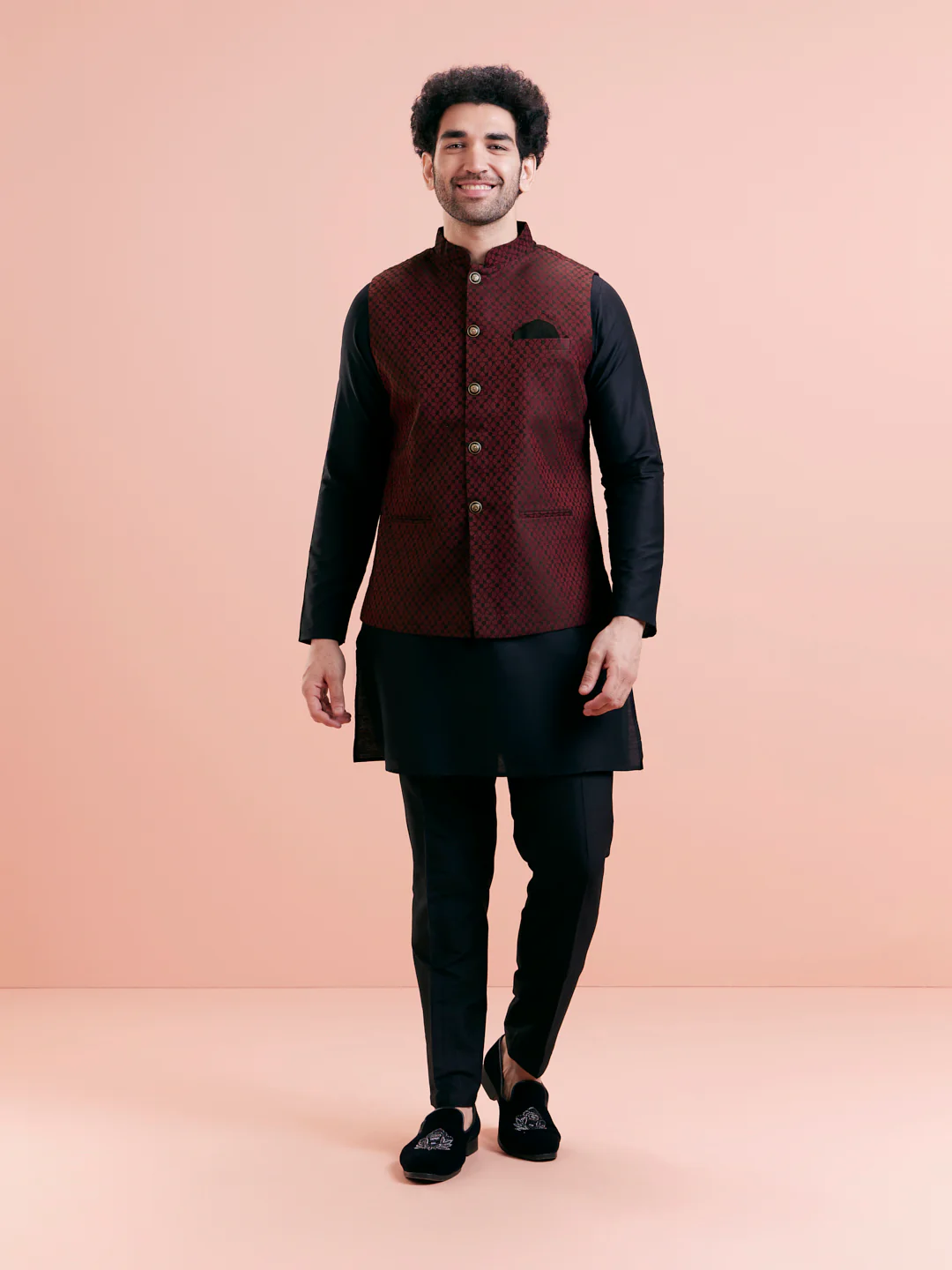 Maroon Silk Blend Jacquard Nehru Jacket - Image 7